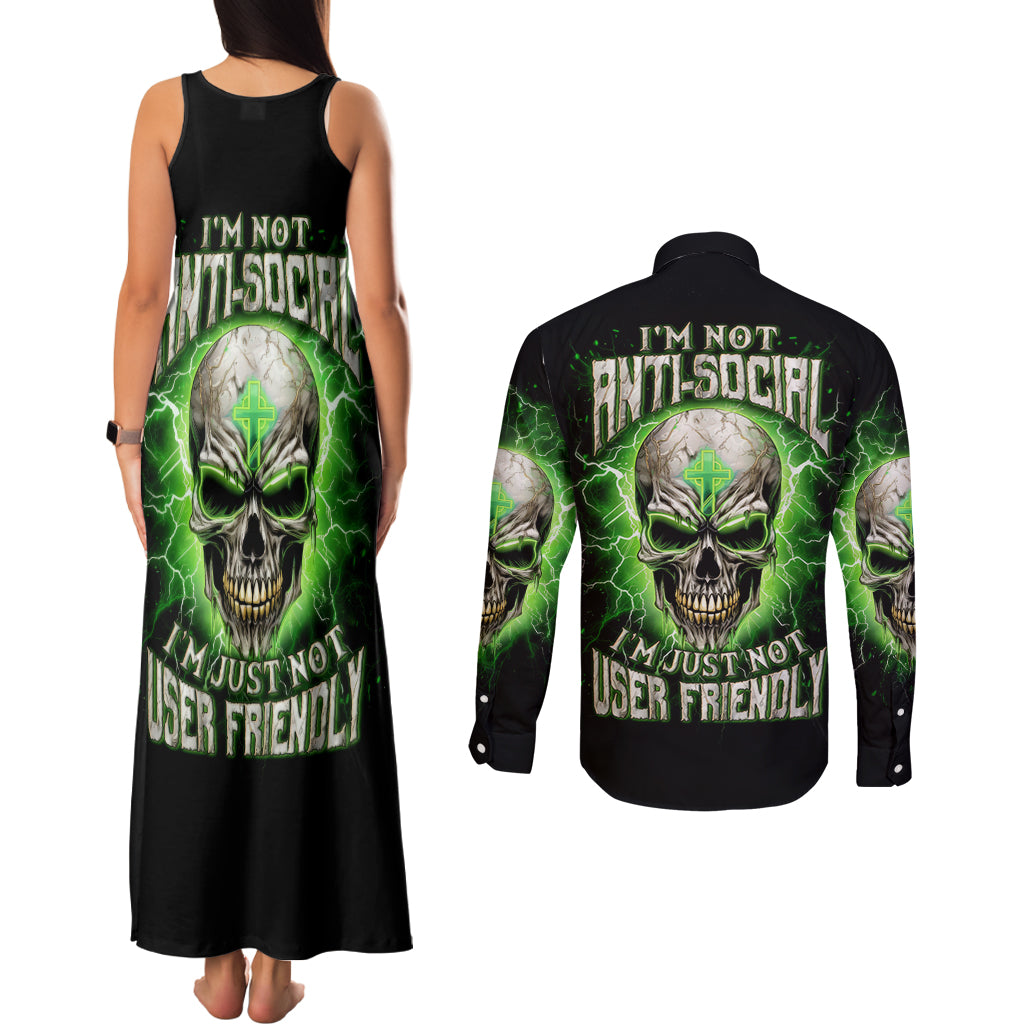 Thunder Skull Couples Matching Tank Maxi Dress and Long Sleeve Button Shirt I'm Not Anti-Social I Must Not User Friendly