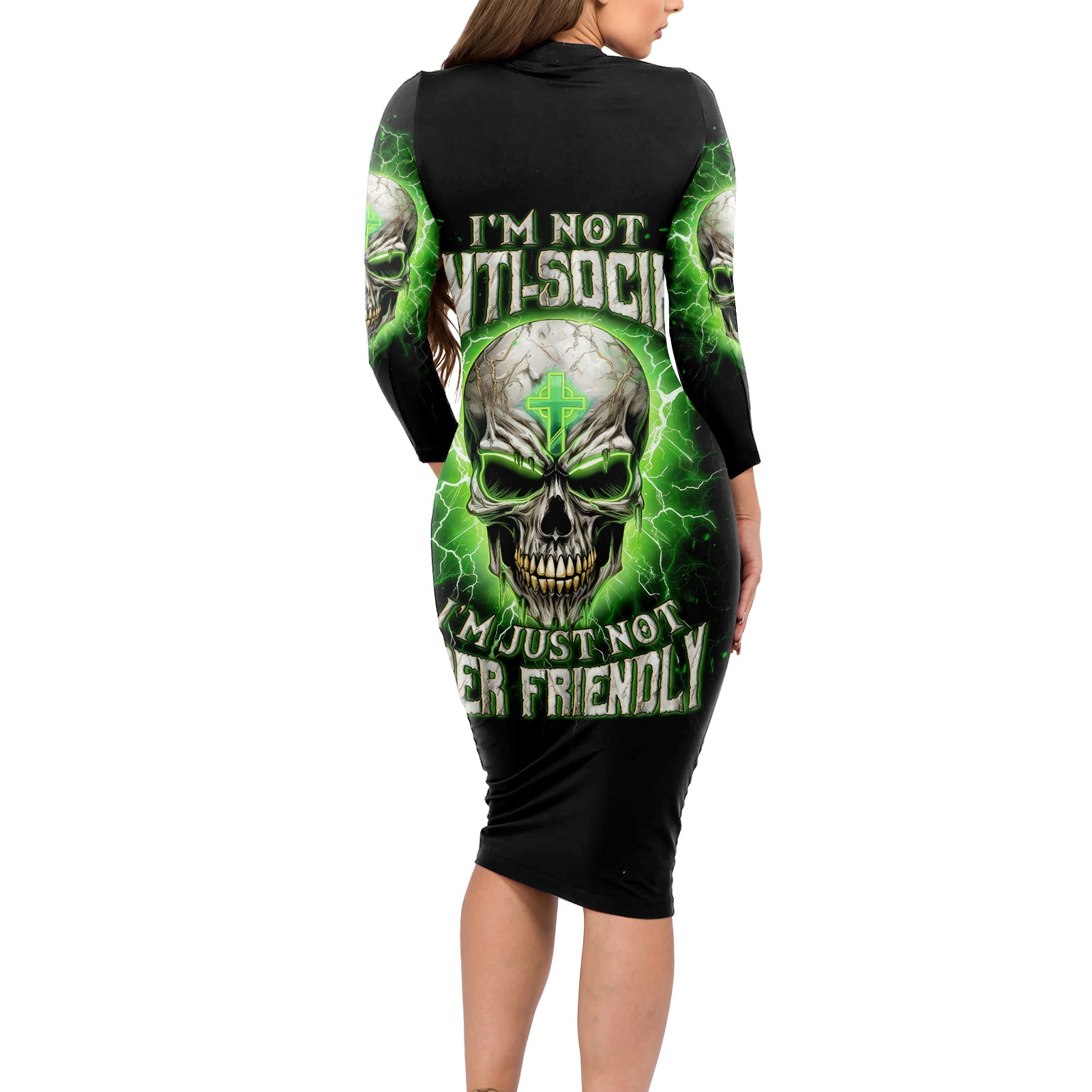Thunder Skull Long Sleeve Bodycon Dress I'm Not Anti-Social I Must Not User Friendly