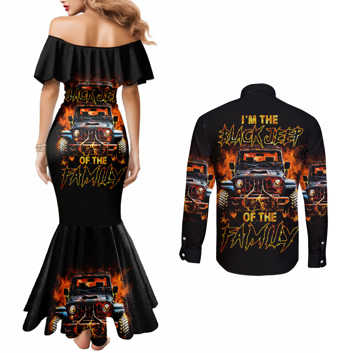 Flame Jeep Couples Matching Mermaid Dress and Long Sleeve Button Shirt I'm The Black Jeep Of The Family