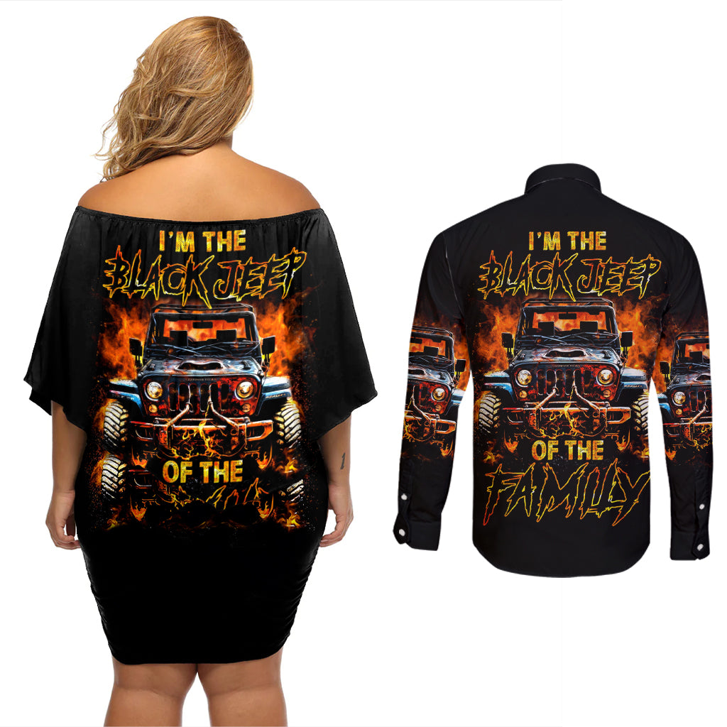 Flame Jeep Couples Matching Off Shoulder Short Dress and Long Sleeve Button Shirt I'm The Black Jeep Of The Family