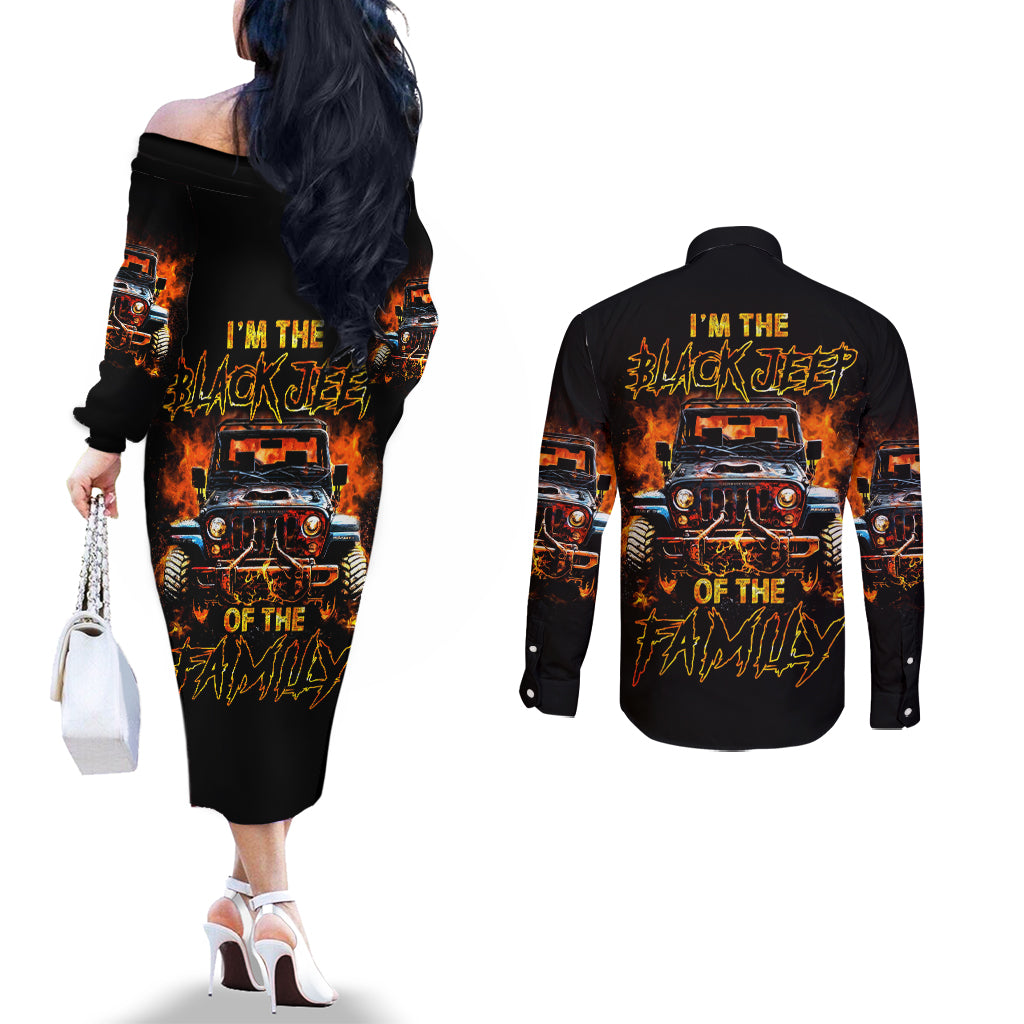 Flame Jeep Couples Matching Off The Shoulder Long Sleeve Dress and Long Sleeve Button Shirt I'm The Black Jeep Of The Family