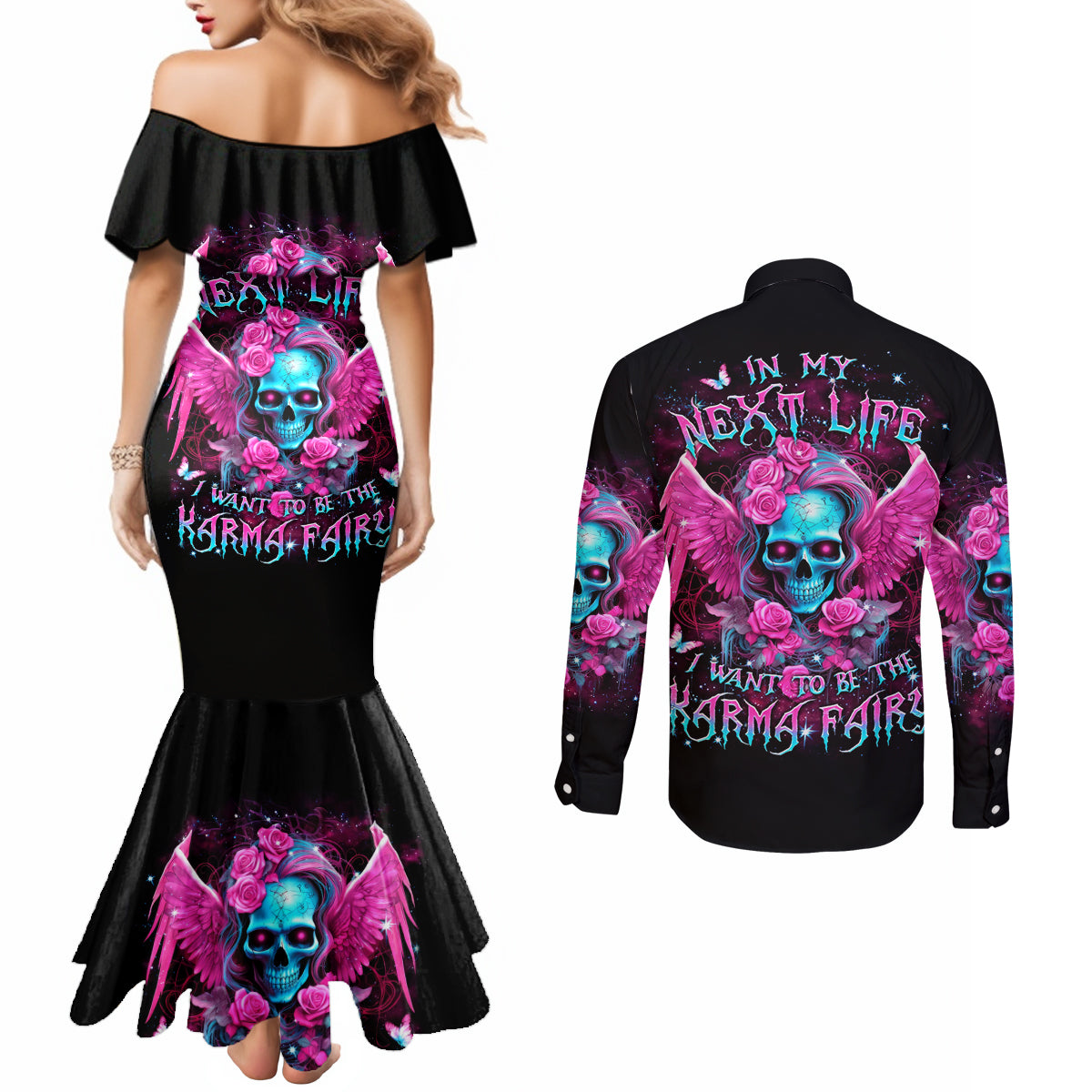 Skull Lady Couples Matching Mermaid Dress and Long Sleeve Button Shirt In My Next Life I Want To Be The Karma Fairy