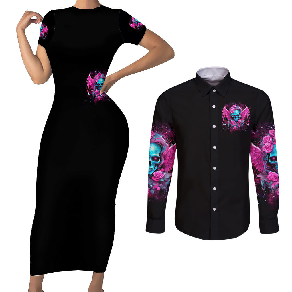 Skull Lady Couples Matching Short Sleeve Bodycon Dress and Long Sleeve Button Shirt In My Next Life I Want To Be The Karma Fairy