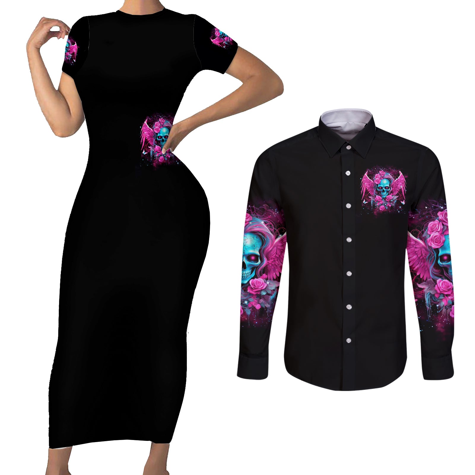 Skull Lady Couples Matching Short Sleeve Bodycon Dress and Long Sleeve Button Shirt In My Next Life I Want To Be The Karma Fairy