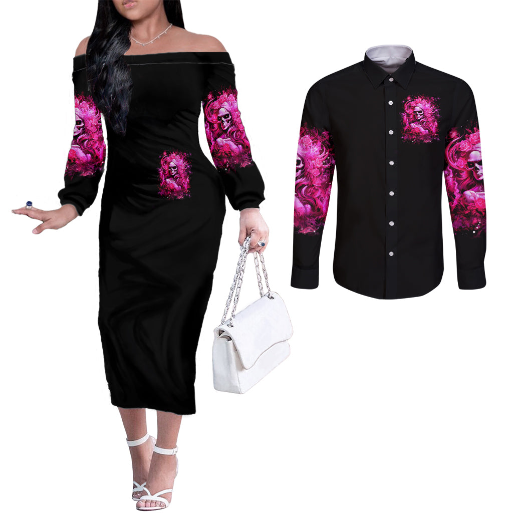 Skull Lady Couples Matching Off The Shoulder Long Sleeve Dress and Long Sleeve Button Shirt Look Hot Be Cold