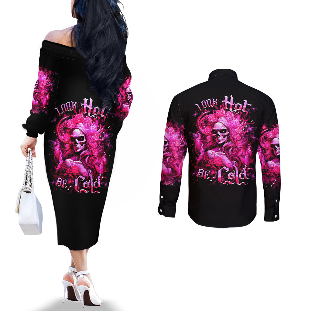 Skull Lady Couples Matching Off The Shoulder Long Sleeve Dress and Long Sleeve Button Shirt Look Hot Be Cold