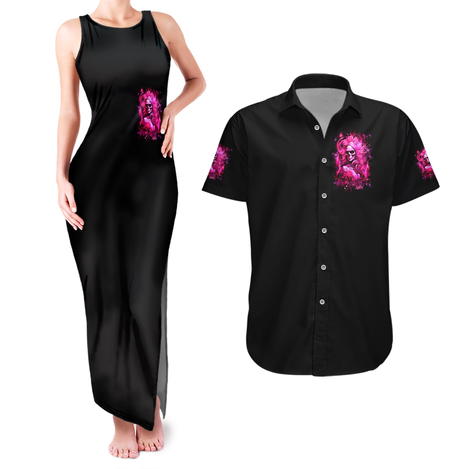 Skull Lady Couples Matching Tank Maxi Dress and Hawaiian Shirt Look Hot Be Cold