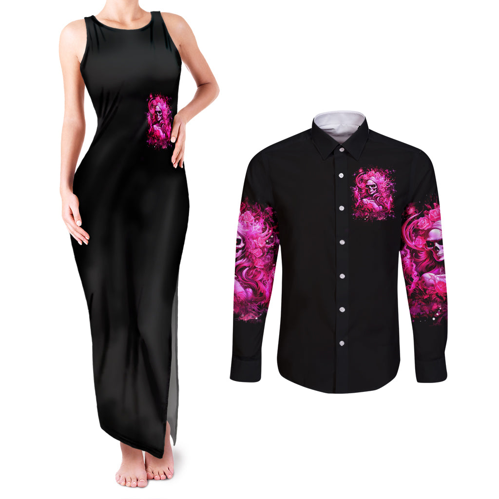Skull Lady Couples Matching Tank Maxi Dress and Long Sleeve Button Shirt Look Hot Be Cold