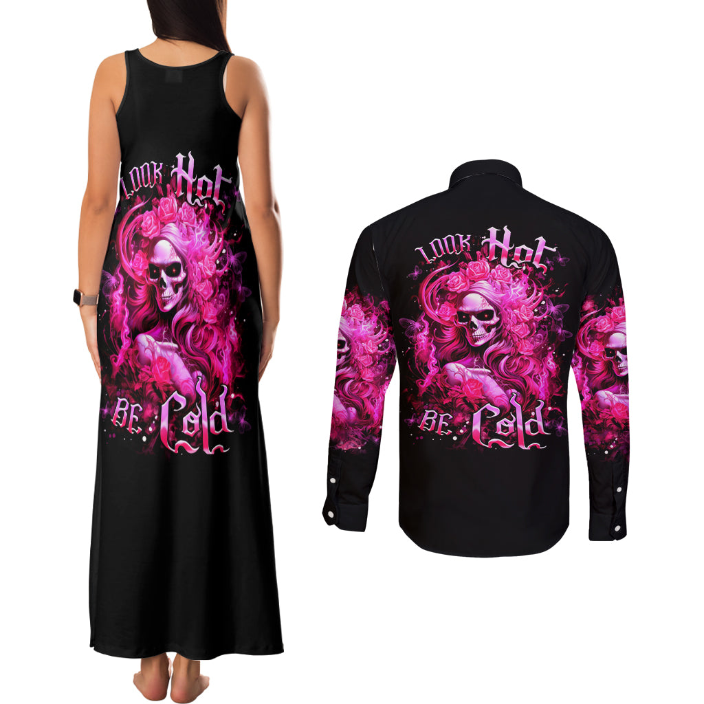 Skull Lady Couples Matching Tank Maxi Dress and Long Sleeve Button Shirt Look Hot Be Cold