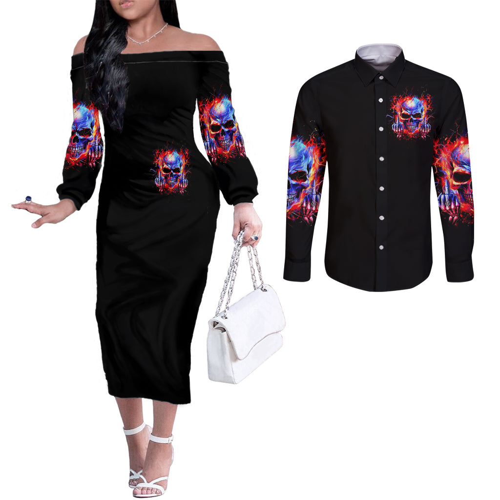 Flame Skull Couples Matching Off The Shoulder Long Sleeve Dress and Long Sleeve Button Shirt My Give A Fuck Is Broken But My Go Fuck Yourself Is Fully Functional