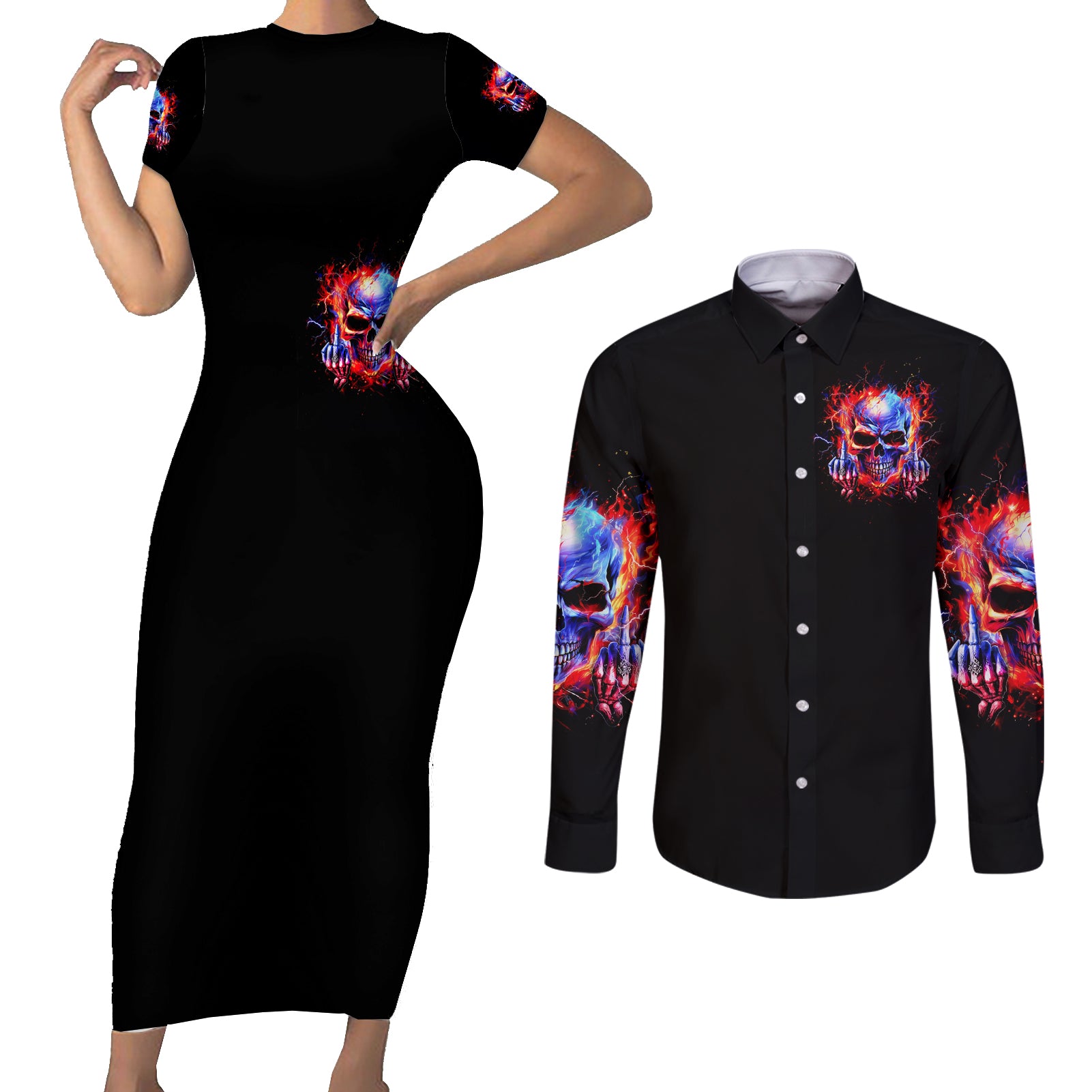 Flame Skull Couples Matching Short Sleeve Bodycon Dress and Long Sleeve Button Shirt My Give A Fuck Is Broken But My Go Fuck Yourself Is Fully Functional