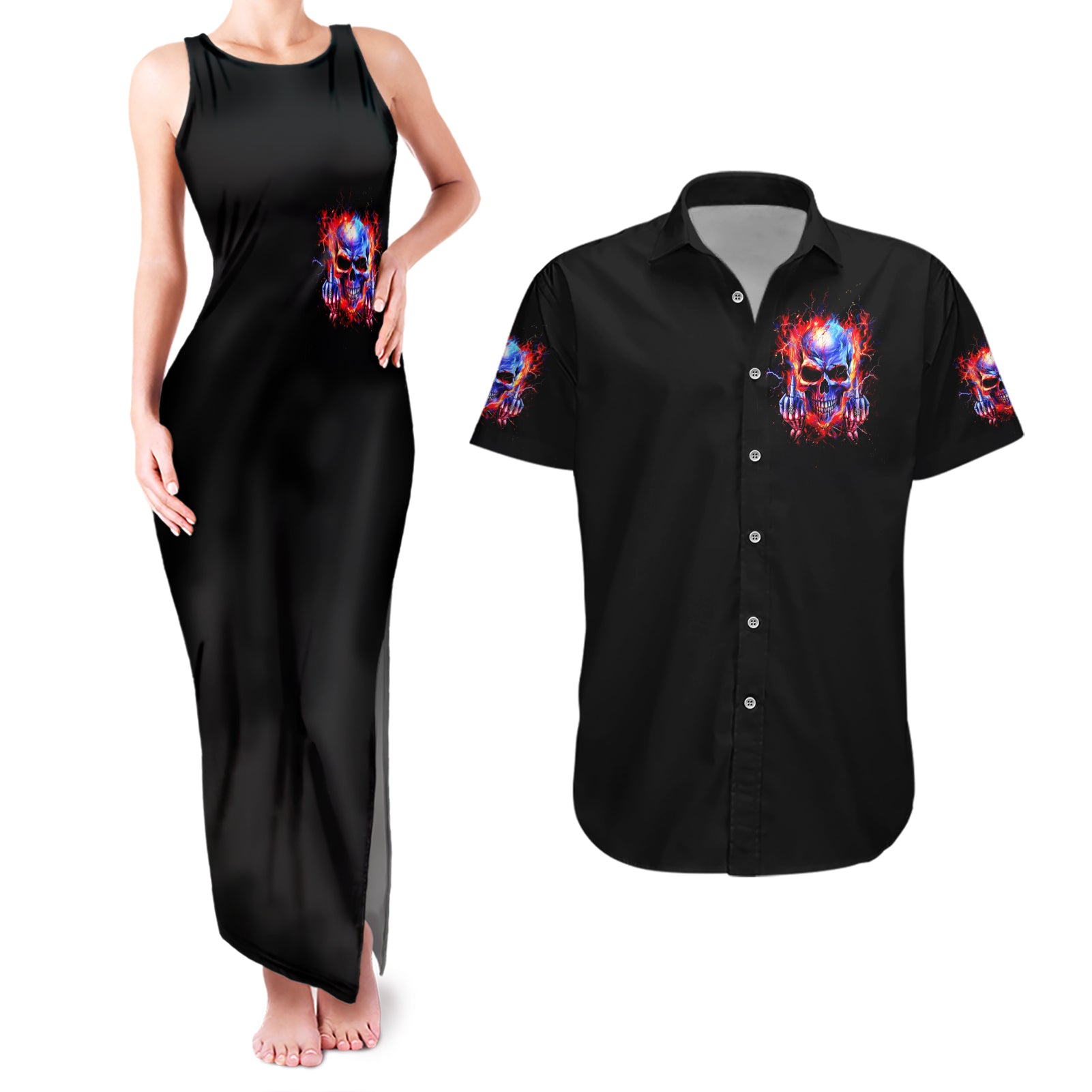 Flame Skull Couples Matching Tank Maxi Dress and Hawaiian Shirt My Give A Fuck Is Broken But My Go Fuck Yourself Is Fully Functional
