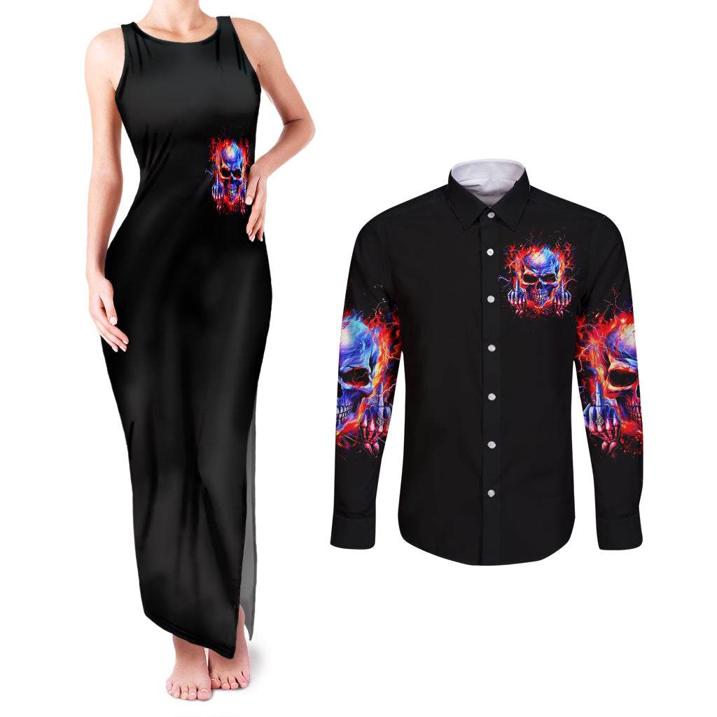 Flame Skull Couples Matching Tank Maxi Dress and Long Sleeve Button Shirt My Give A Fuck Is Broken But My Go Fuck Yourself Is Fully Functional