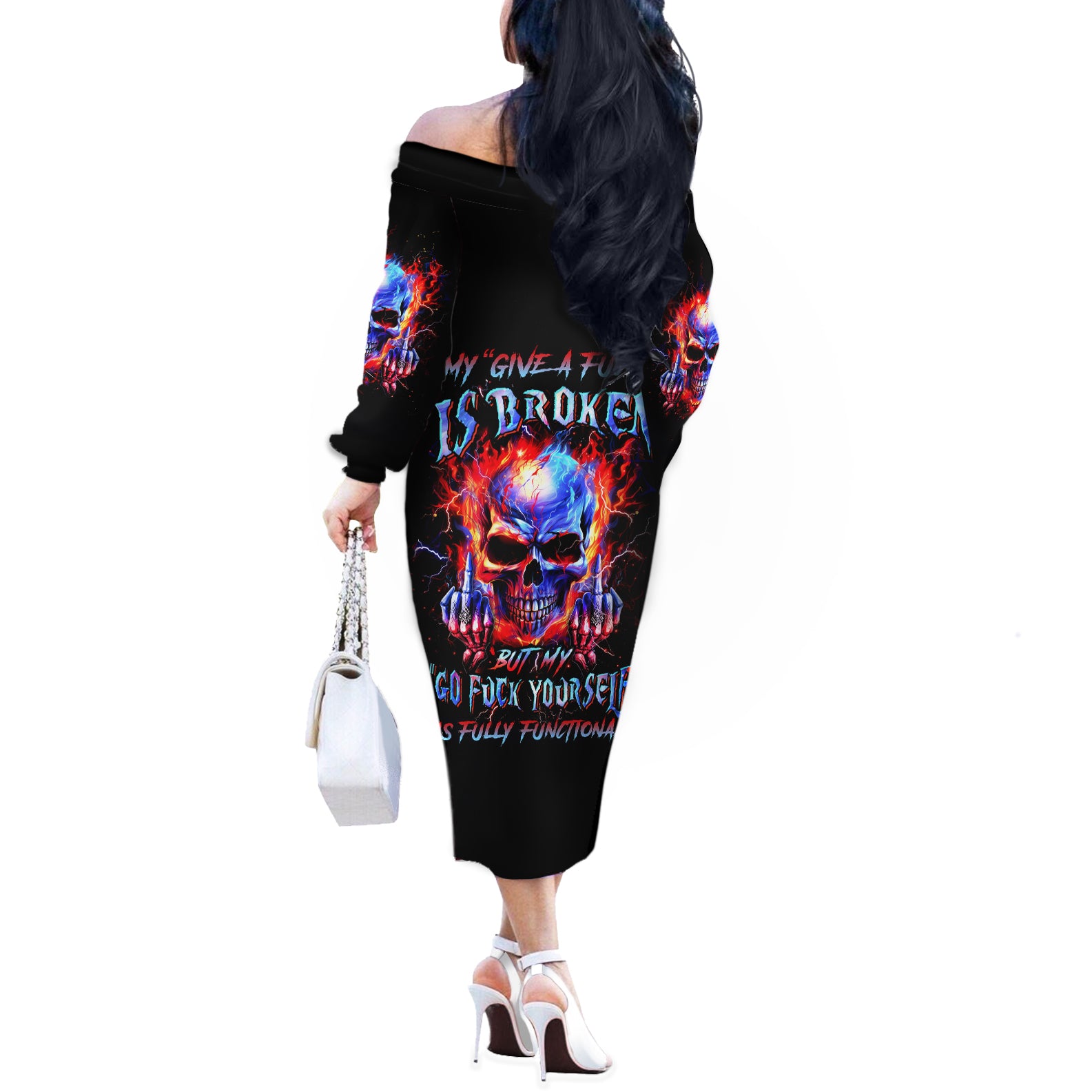 Flame Skull Off The Shoulder Long Sleeve Dress My Give A Fuck Is Broken But My Go Fuck Yourself Is Fully Functional