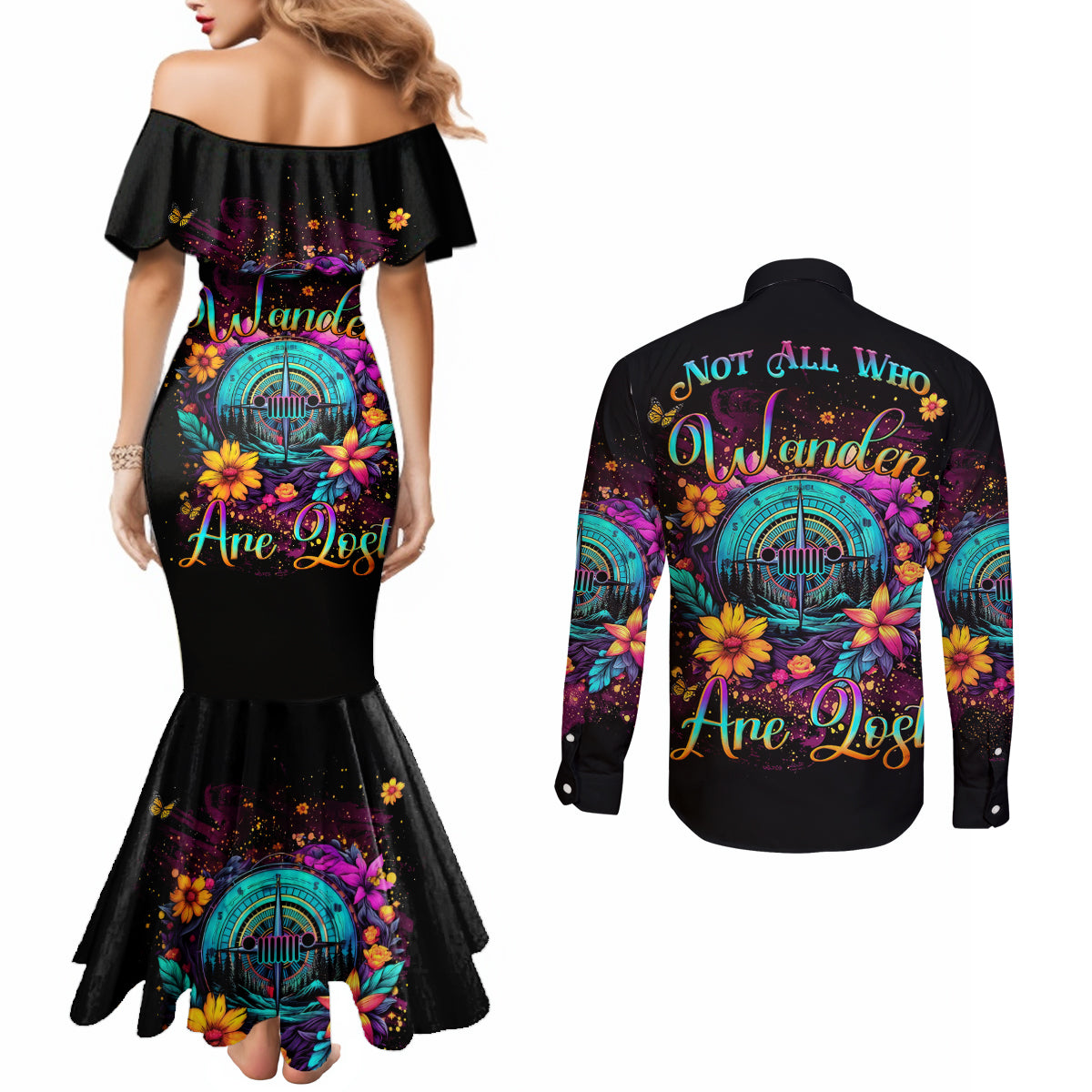 Flower Jeep Couples Matching Mermaid Dress and Long Sleeve Button Shirt Not All Who Wander Are Lost