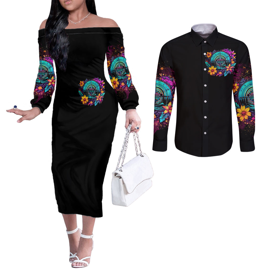 Flower Jeep Couples Matching Off The Shoulder Long Sleeve Dress and Long Sleeve Button Shirt Not All Who Wander Are Lost