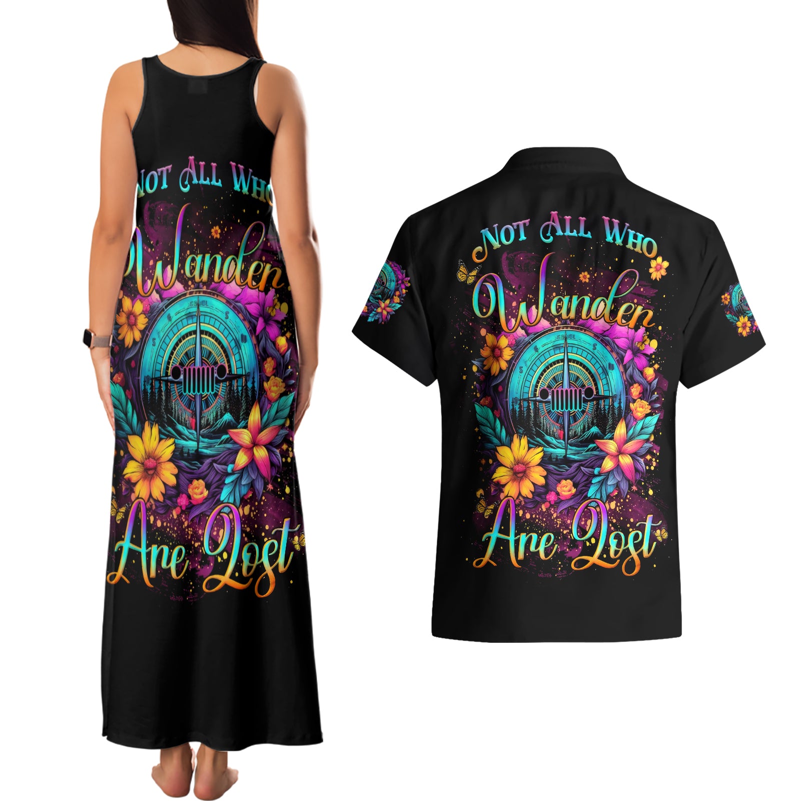 Flower Jeep Couples Matching Tank Maxi Dress and Hawaiian Shirt Not All Who Wander Are Lost