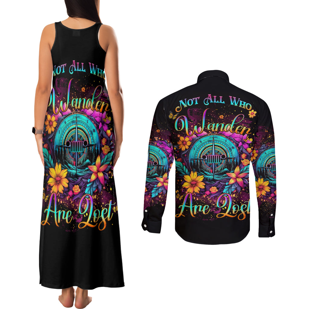 Flower Jeep Couples Matching Tank Maxi Dress and Long Sleeve Button Shirt Not All Who Wander Are Lost