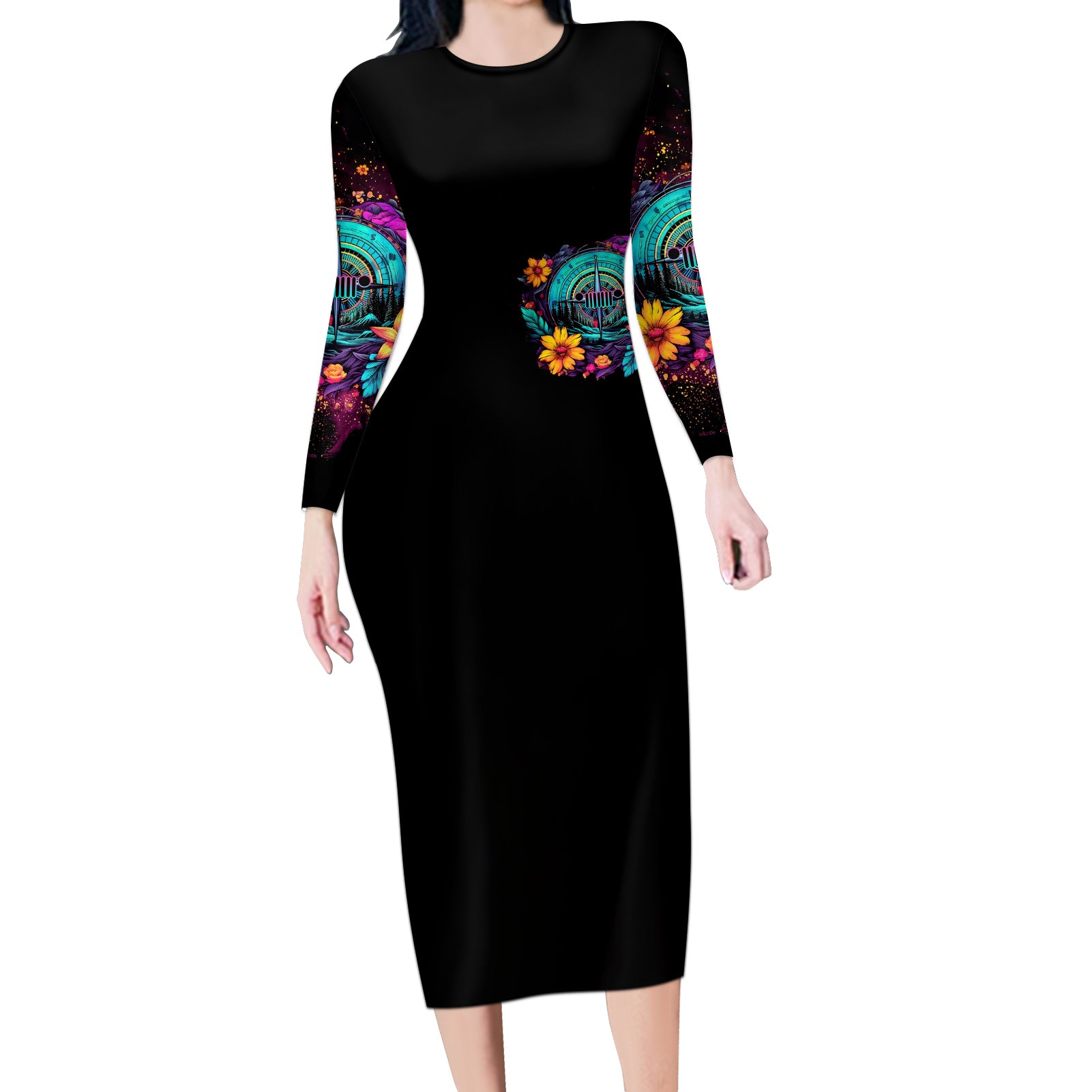 Flower Jeep Long Sleeve Bodycon Dress Not All Who Wander Are Lost