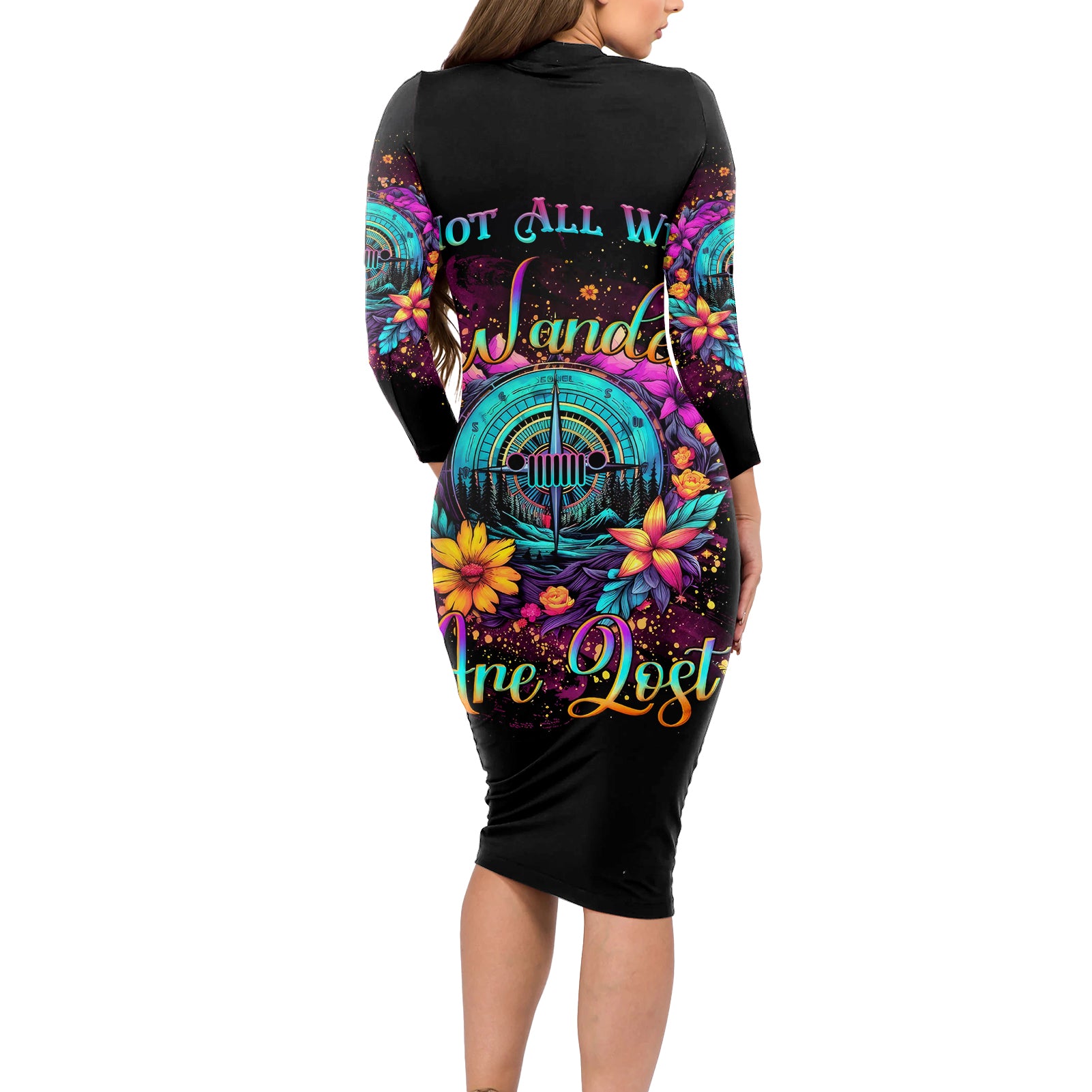 Flower Jeep Long Sleeve Bodycon Dress Not All Who Wander Are Lost