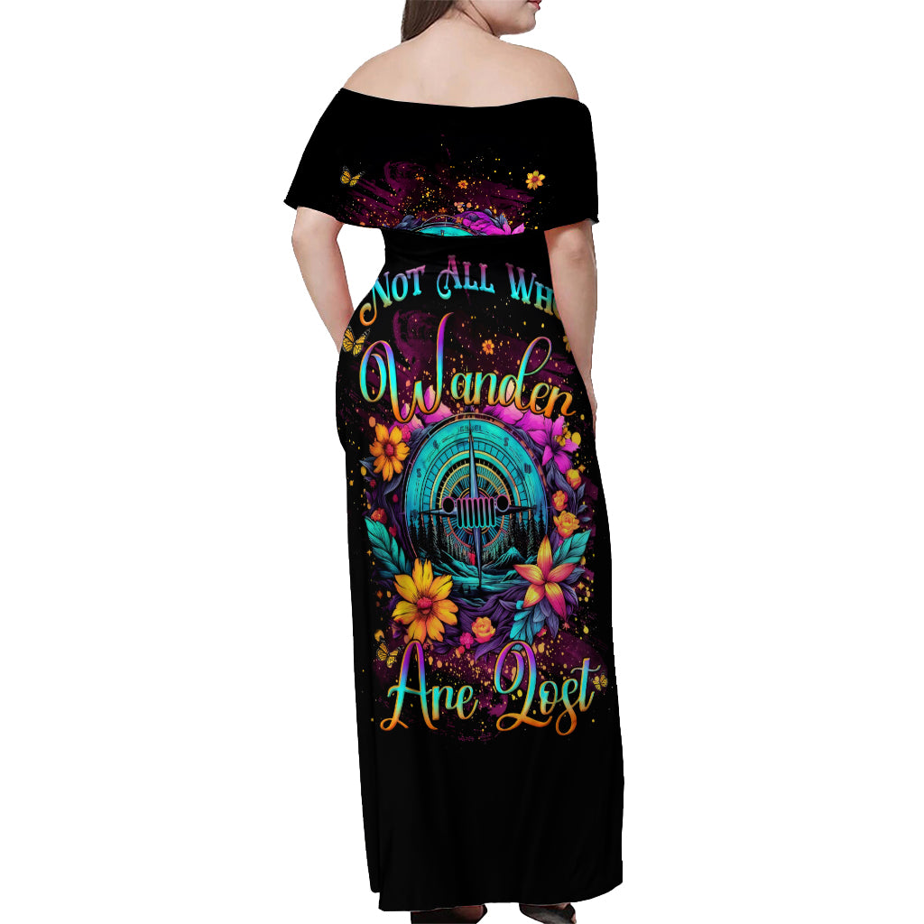 Flower Jeep Off Shoulder Maxi Dress Not All Who Wander Are Lost