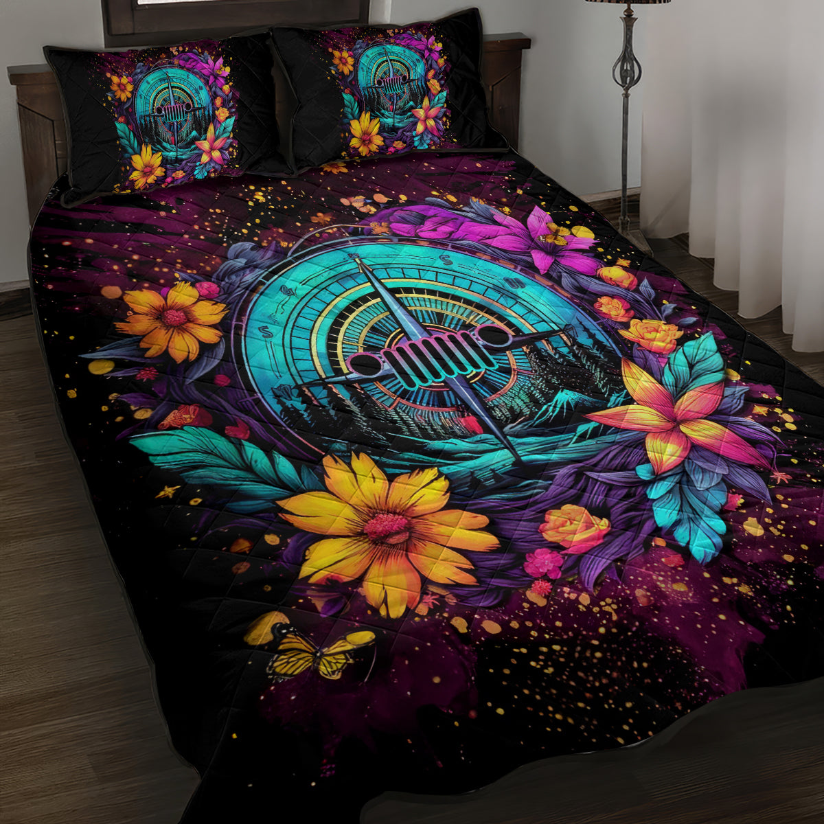 Flower Jeep Quilt Bed Set Not All Who Wander Are Lost