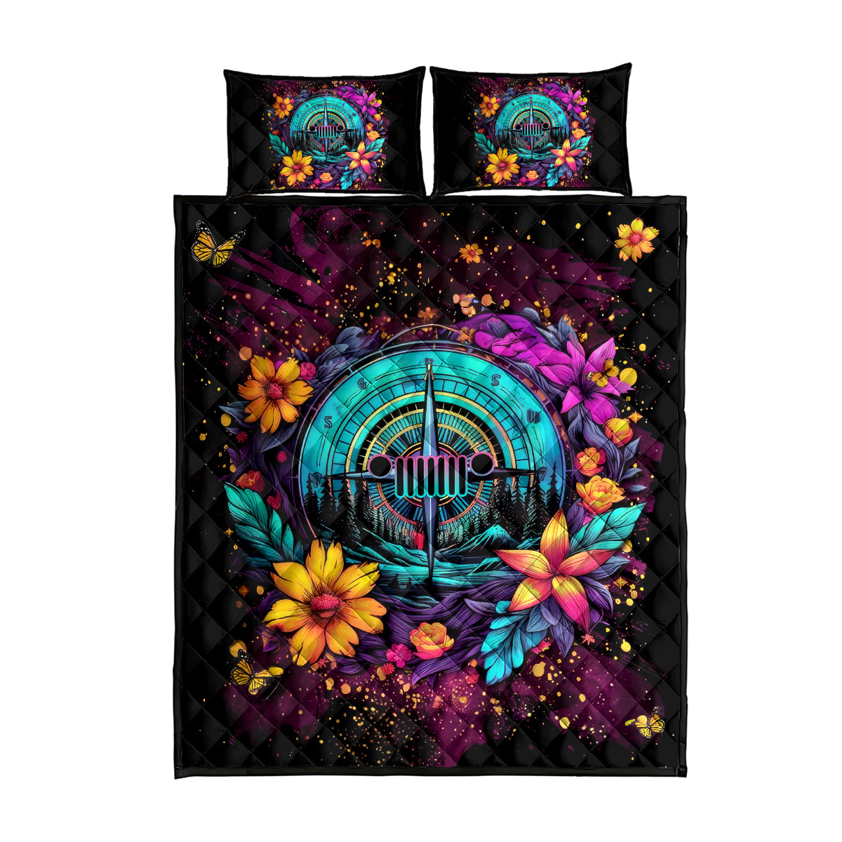 Flower Jeep Quilt Bed Set Not All Who Wander Are Lost