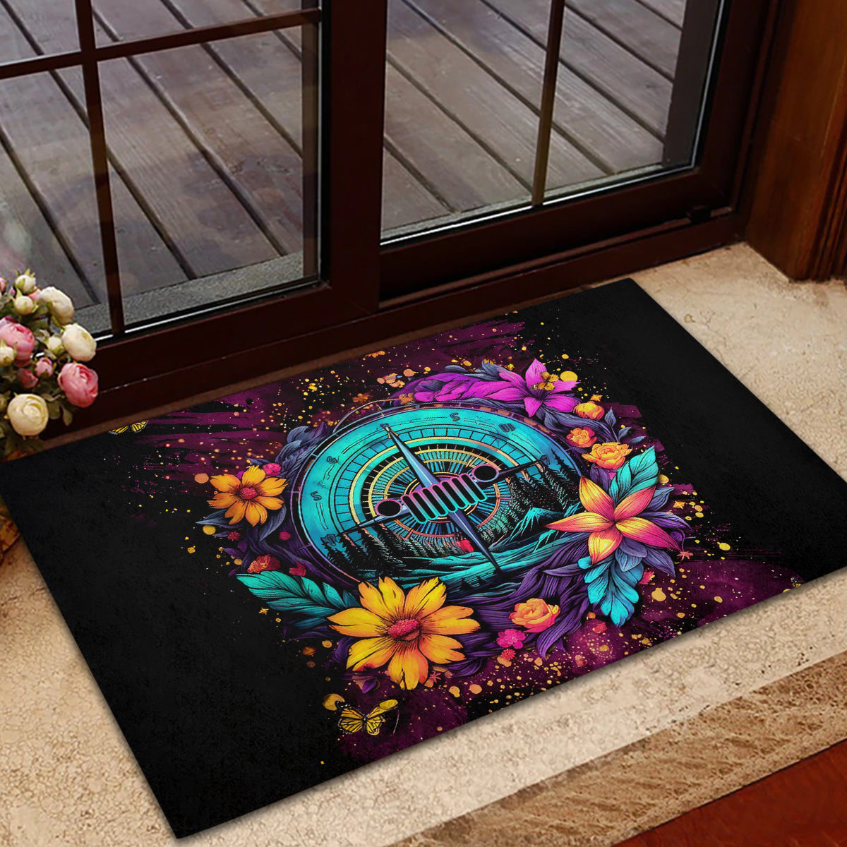 Flower Jeep Rubber Doormat Not All Who Wander Are Lost