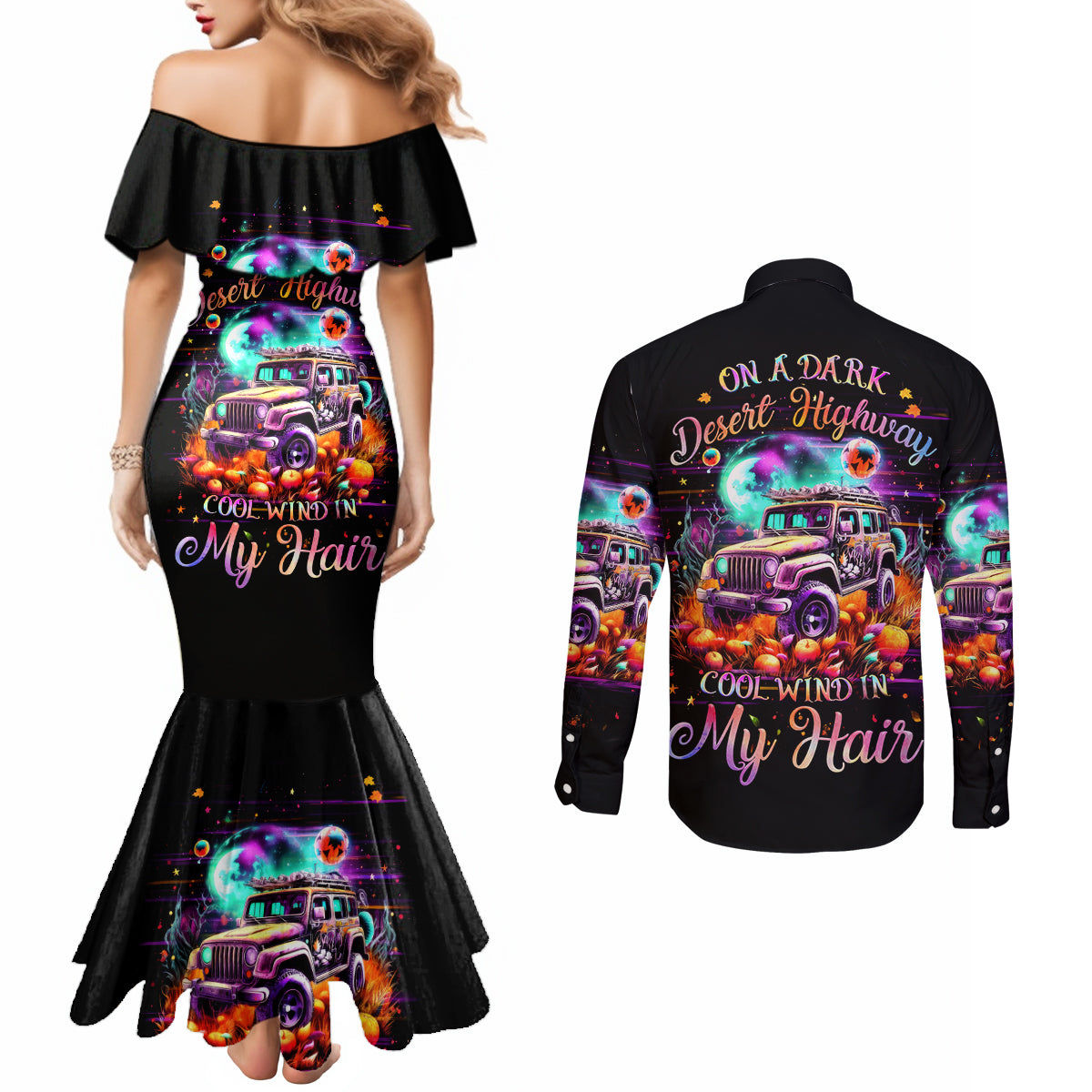 Field Jeep Couples Matching Mermaid Dress and Long Sleeve Button Shirt On A Dark Desert Highway Cool Wind In My Hair