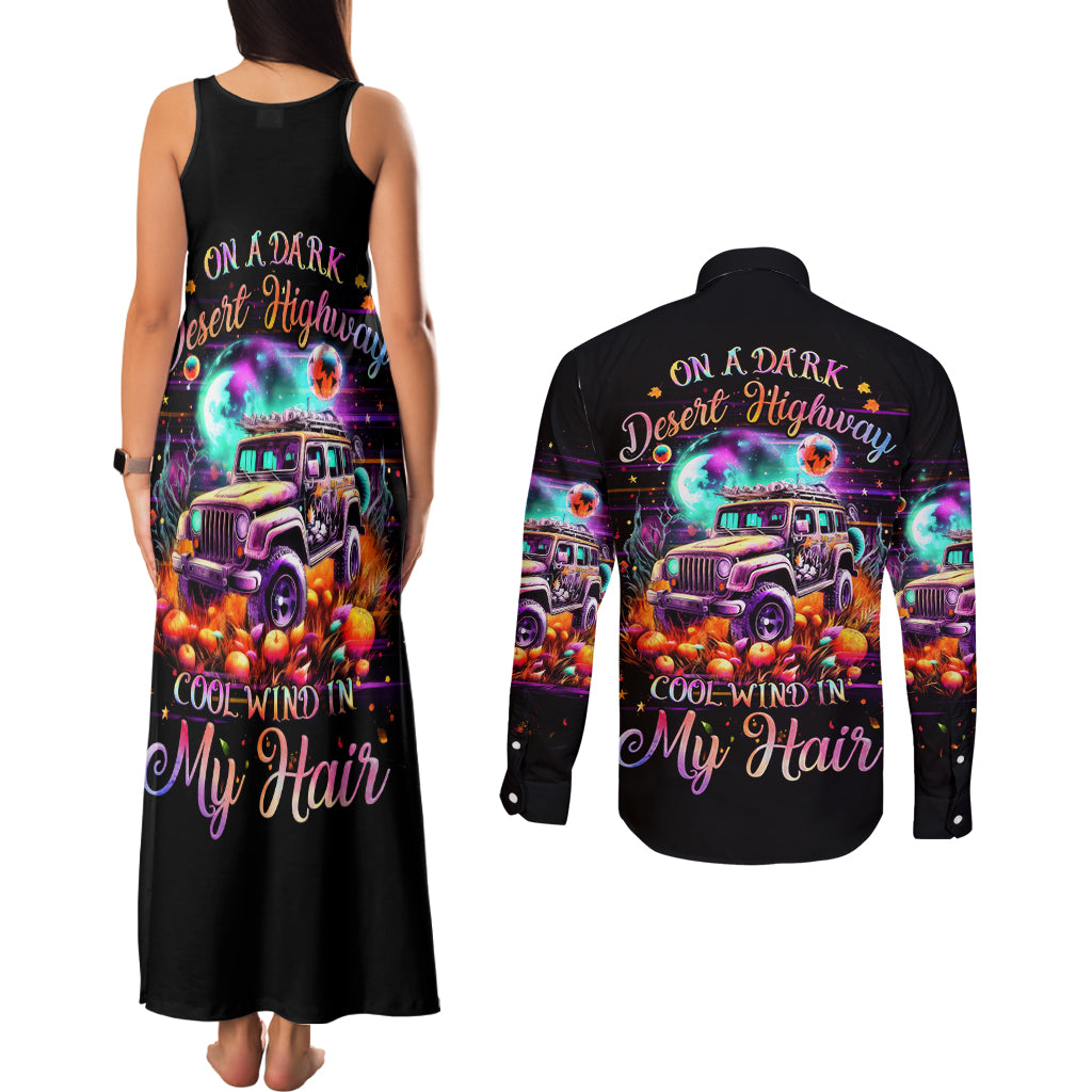 Field Jeep Couples Matching Tank Maxi Dress and Long Sleeve Button Shirt On A Dark Desert Highway Cool Wind In My Hair