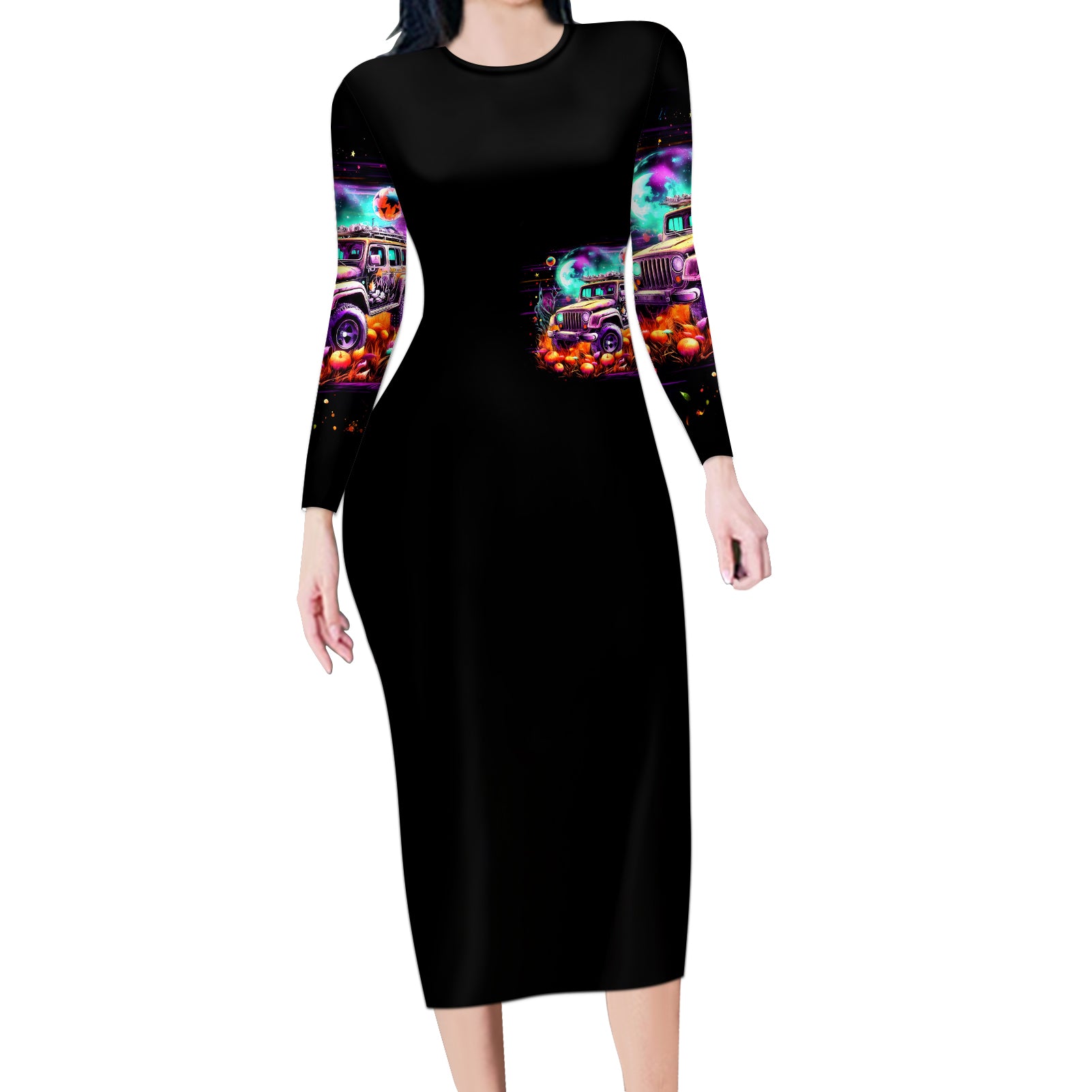 Field Jeep Long Sleeve Bodycon Dress On A Dark Desert Highway Cool Wind In My Hair