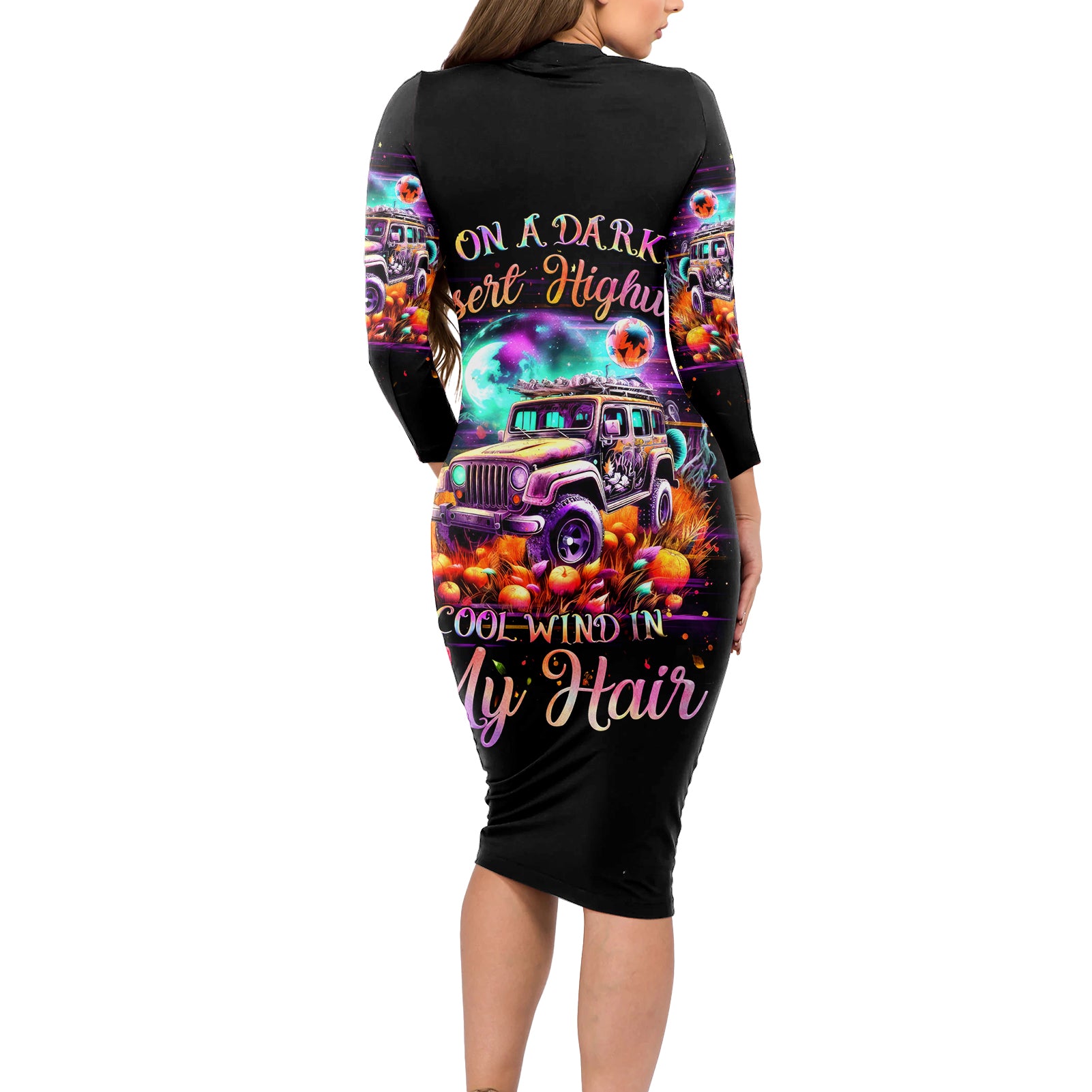 Field Jeep Long Sleeve Bodycon Dress On A Dark Desert Highway Cool Wind In My Hair