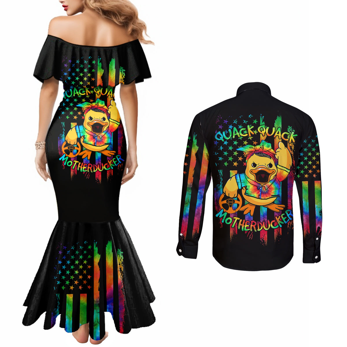 Duck Jeep Couples Matching Mermaid Dress and Long Sleeve Button Shirt Quack Quack Motherducker