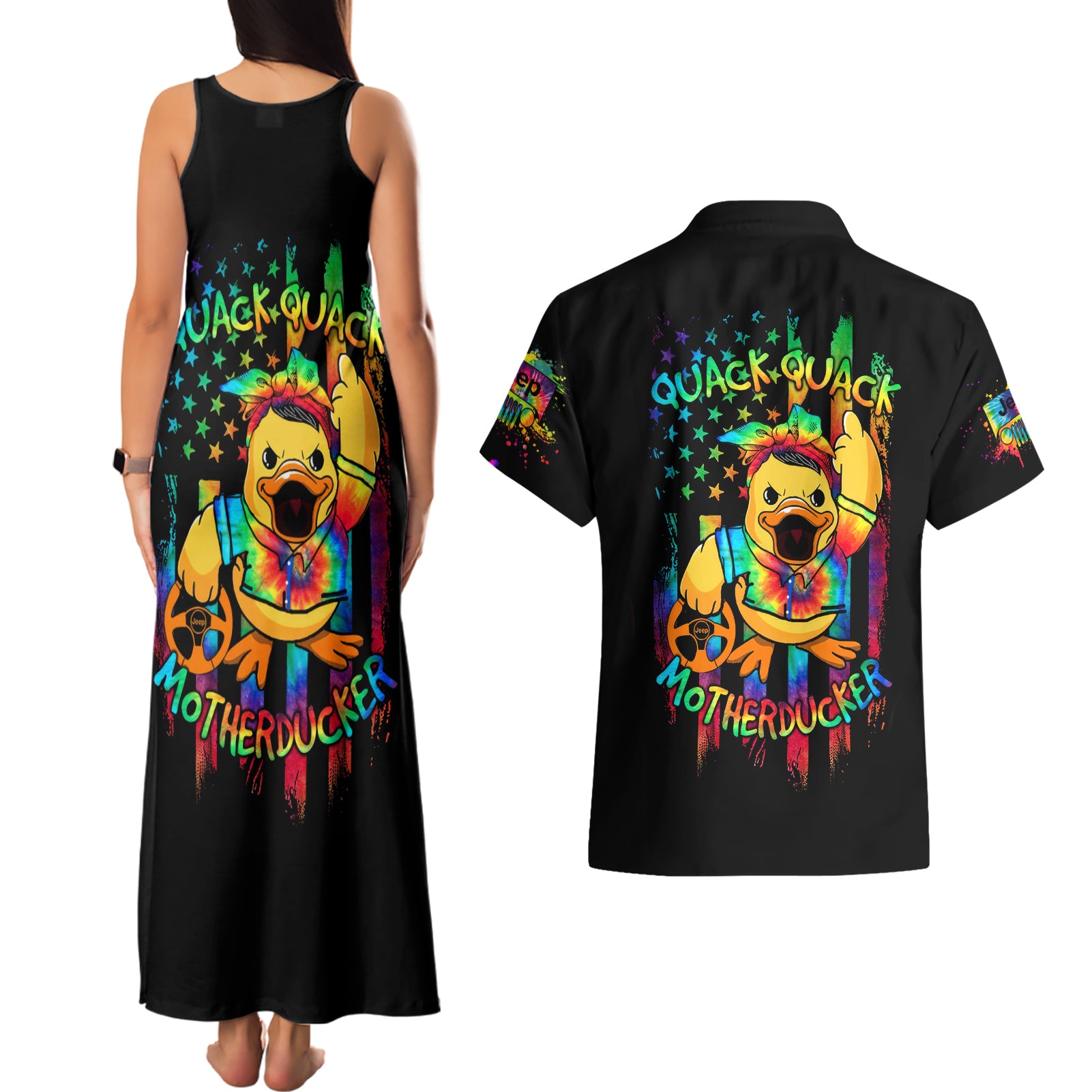 Duck Jeep Couples Matching Tank Maxi Dress and Hawaiian Shirt Quack Quack Motherducker