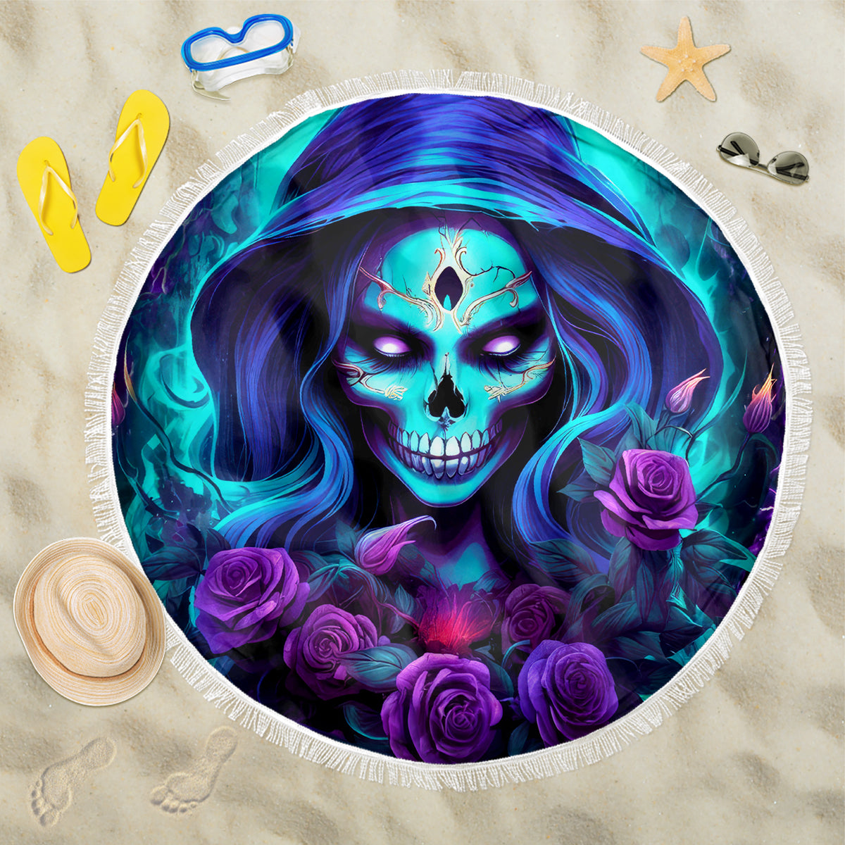 Skull Lady Beach Blanket Rose Skull She Whispered Back Iam The Storm