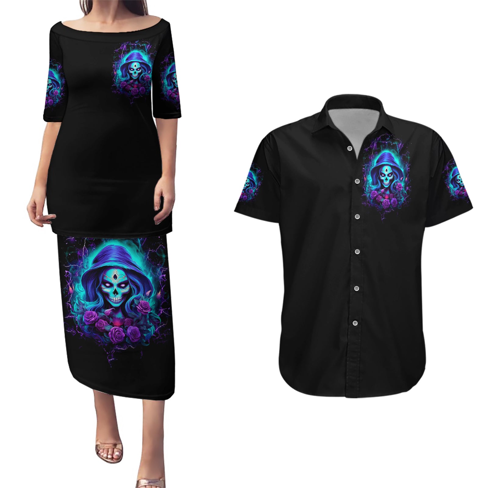 Skull Lady Couples Matching Puletasi and Hawaiian Shirt Rose Skull She Whispered Back Iam The Storm