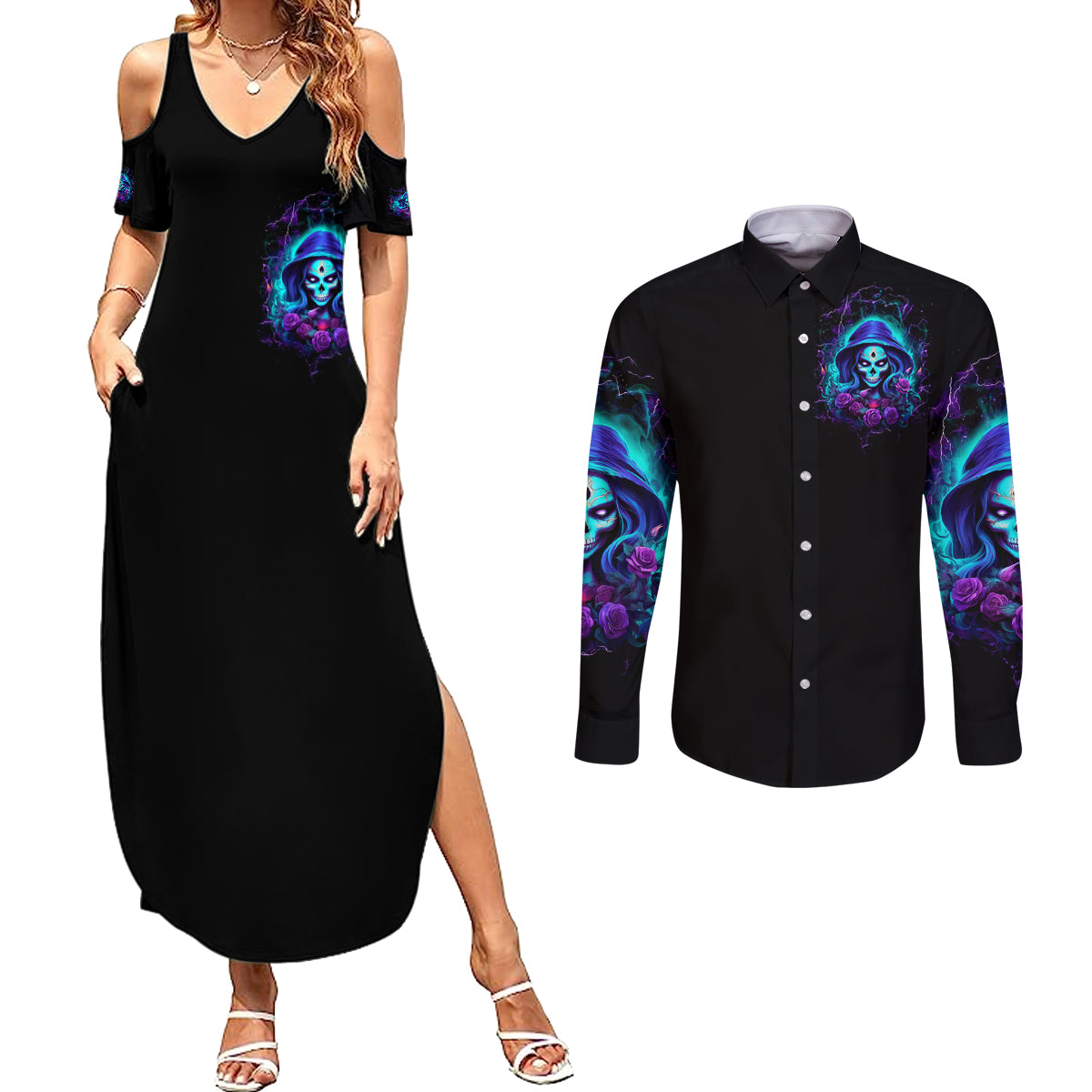 Skull Lady Couples Matching Summer Maxi Dress and Long Sleeve Button Shirt Rose Skull She Whispered Back Iam The Storm