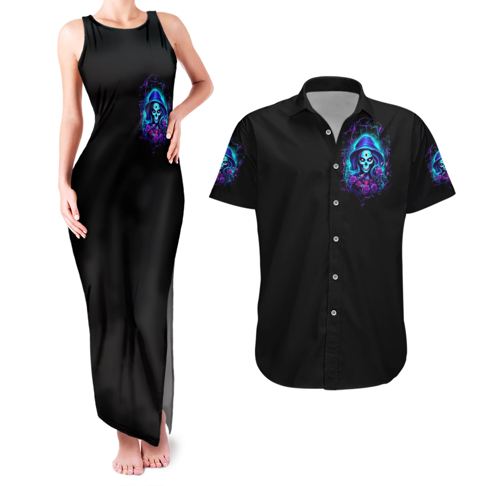 Skull Lady Couples Matching Tank Maxi Dress and Hawaiian Shirt Rose Skull She Whispered Back Iam The Storm