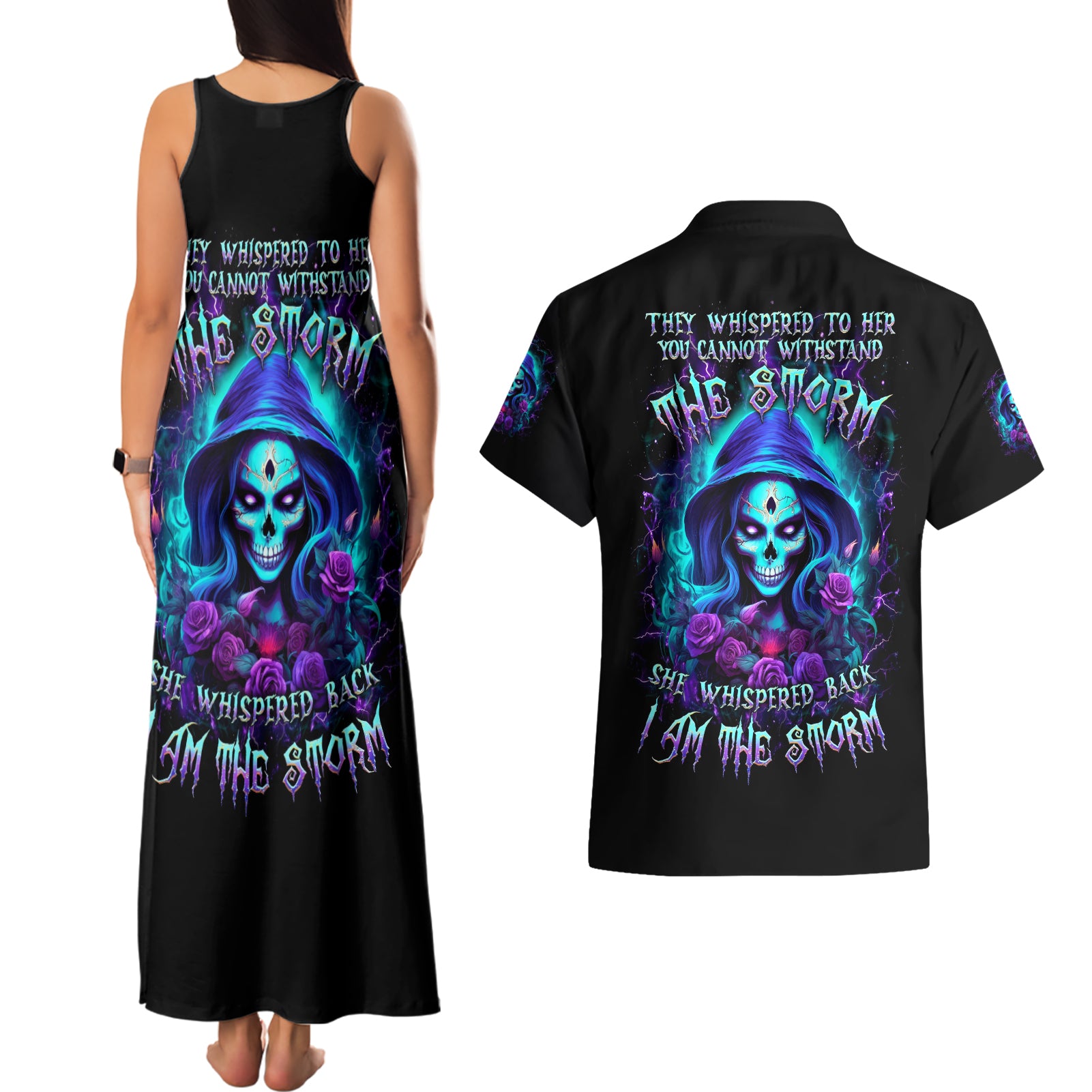 Skull Lady Couples Matching Tank Maxi Dress and Hawaiian Shirt Rose Skull She Whispered Back Iam The Storm
