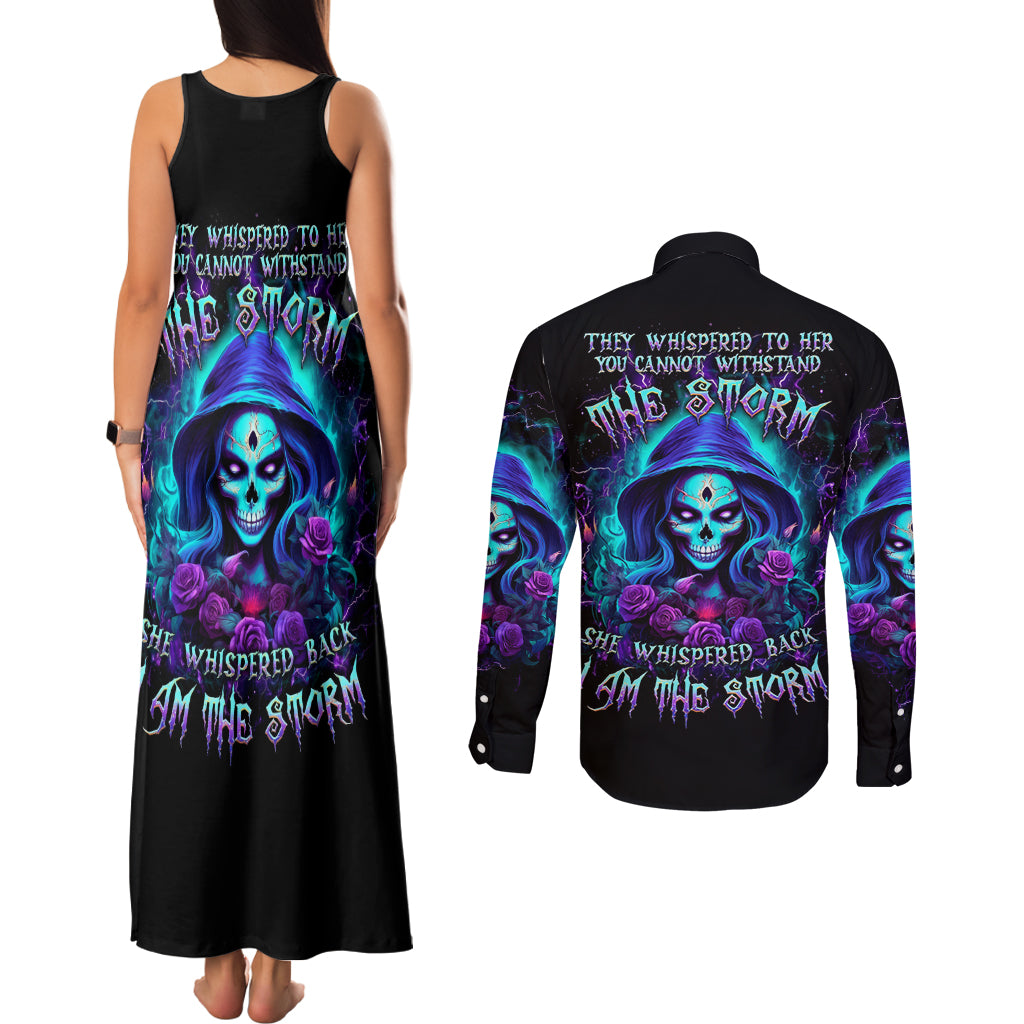 Skull Lady Couples Matching Tank Maxi Dress and Long Sleeve Button Shirt Rose Skull She Whispered Back Iam The Storm