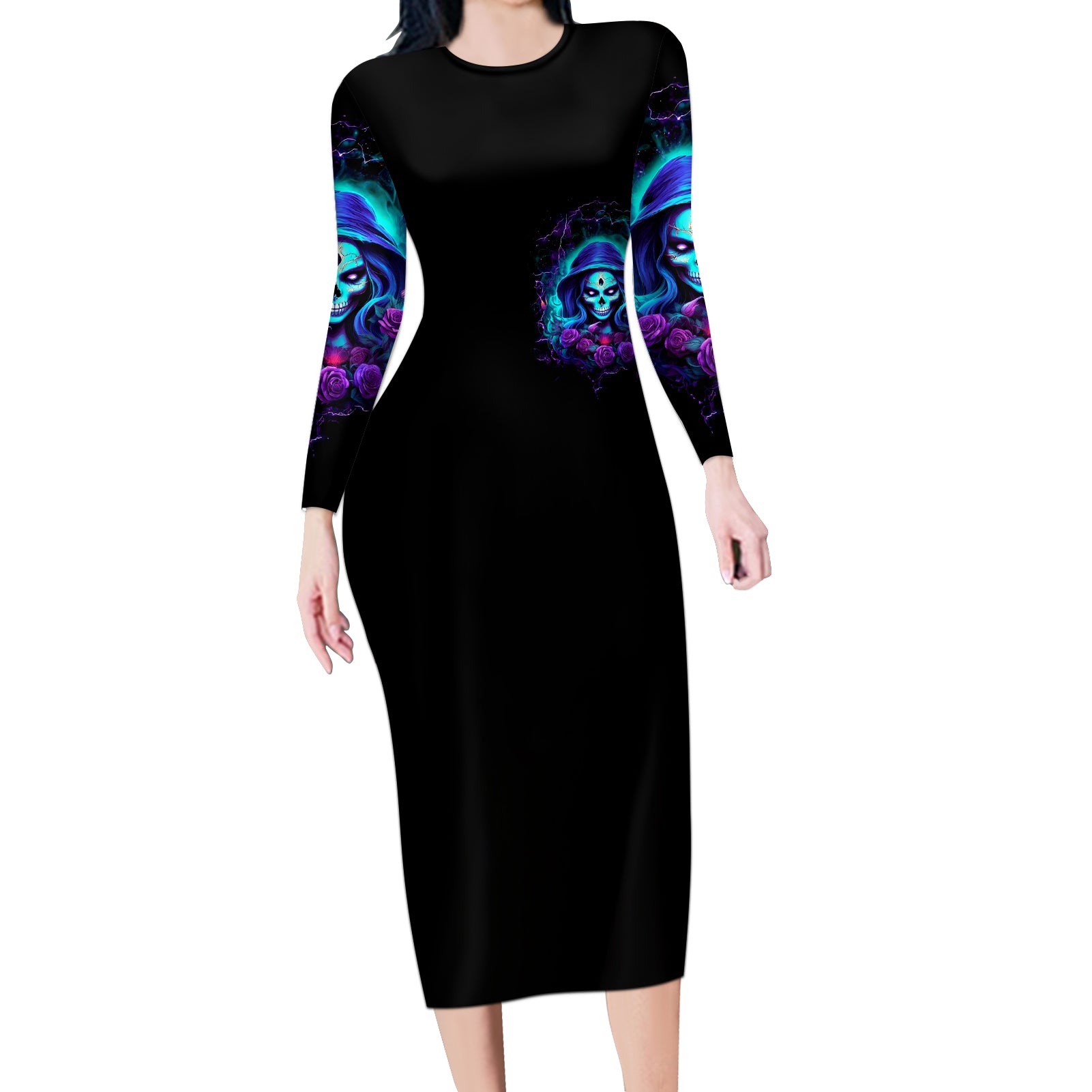 Skull Lady Long Sleeve Bodycon Dress Rose Skull She Whispered Back Iam The Storm