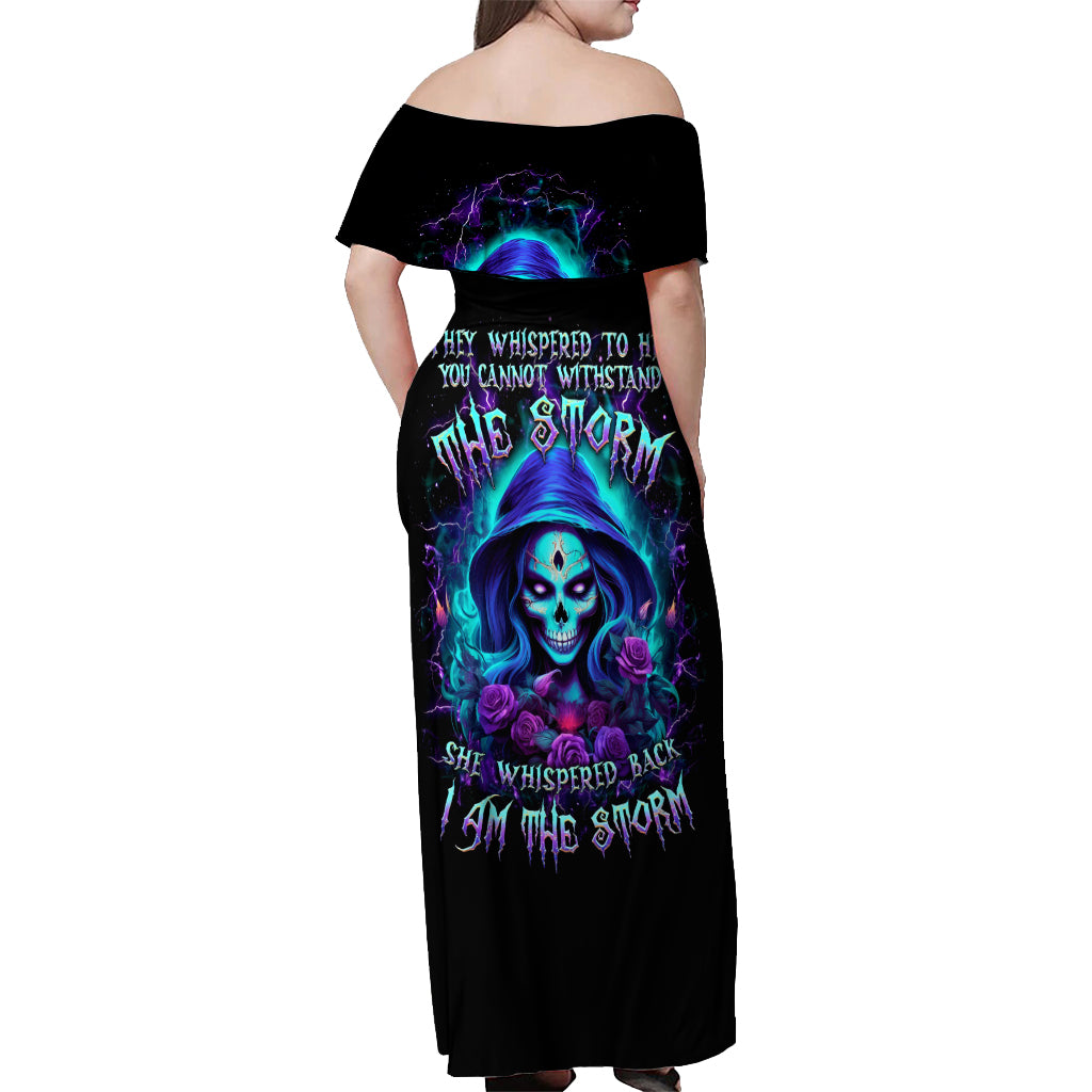 Skull Lady Off Shoulder Maxi Dress Rose Skull She Whispered Back Iam The Storm