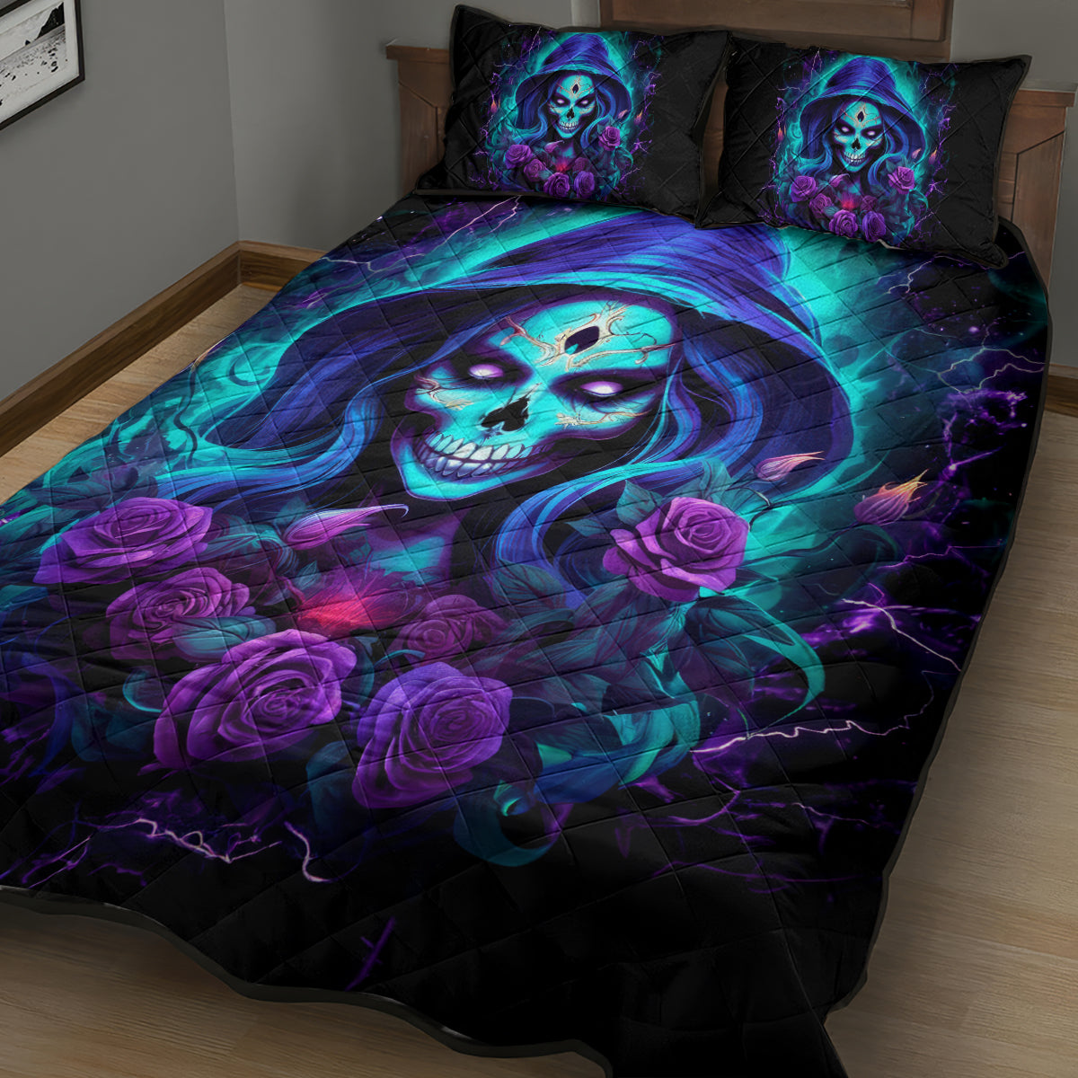 Skull Lady Quilt Bed Set Rose Skull She Whispered Back Iam The Storm