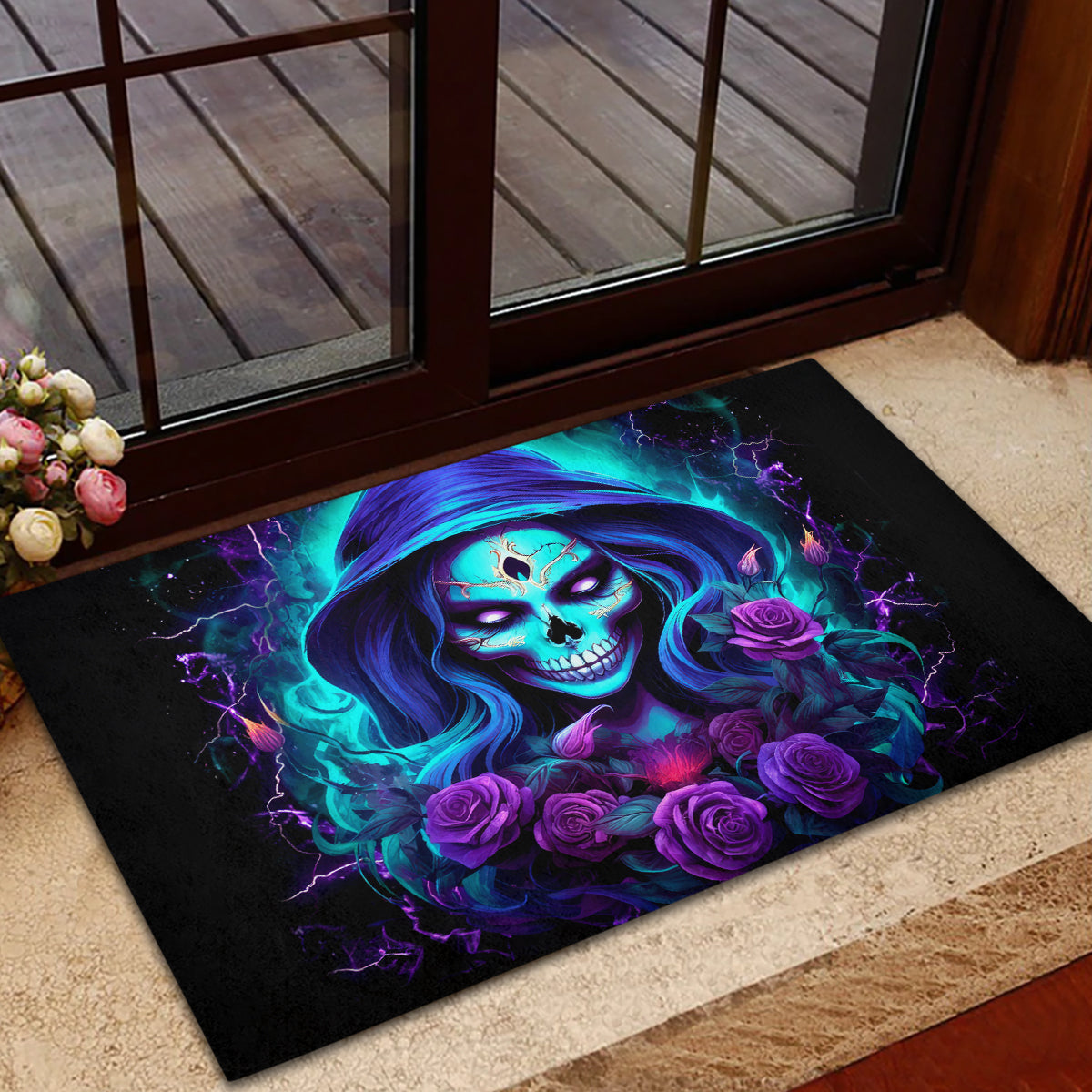 Skull Lady Rubber Doormat Rose Skull She Whispered Back Iam The Storm