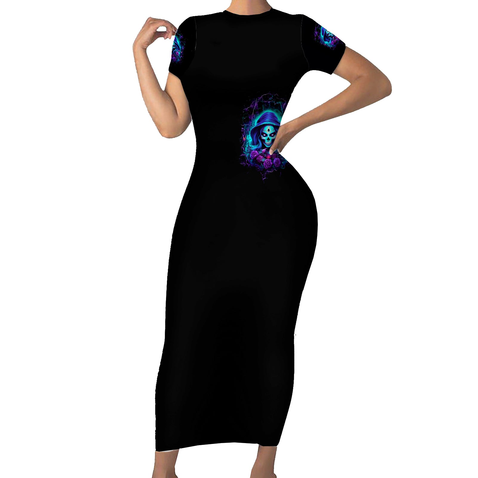Skull Lady Short Sleeve Bodycon Dress Rose Skull She Whispered Back Iam The Storm