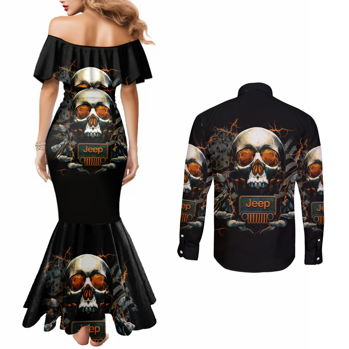 Skull Jeep Couples Matching Mermaid Dress and Long Sleeve Button Shirt Skull Flag Jeep Life