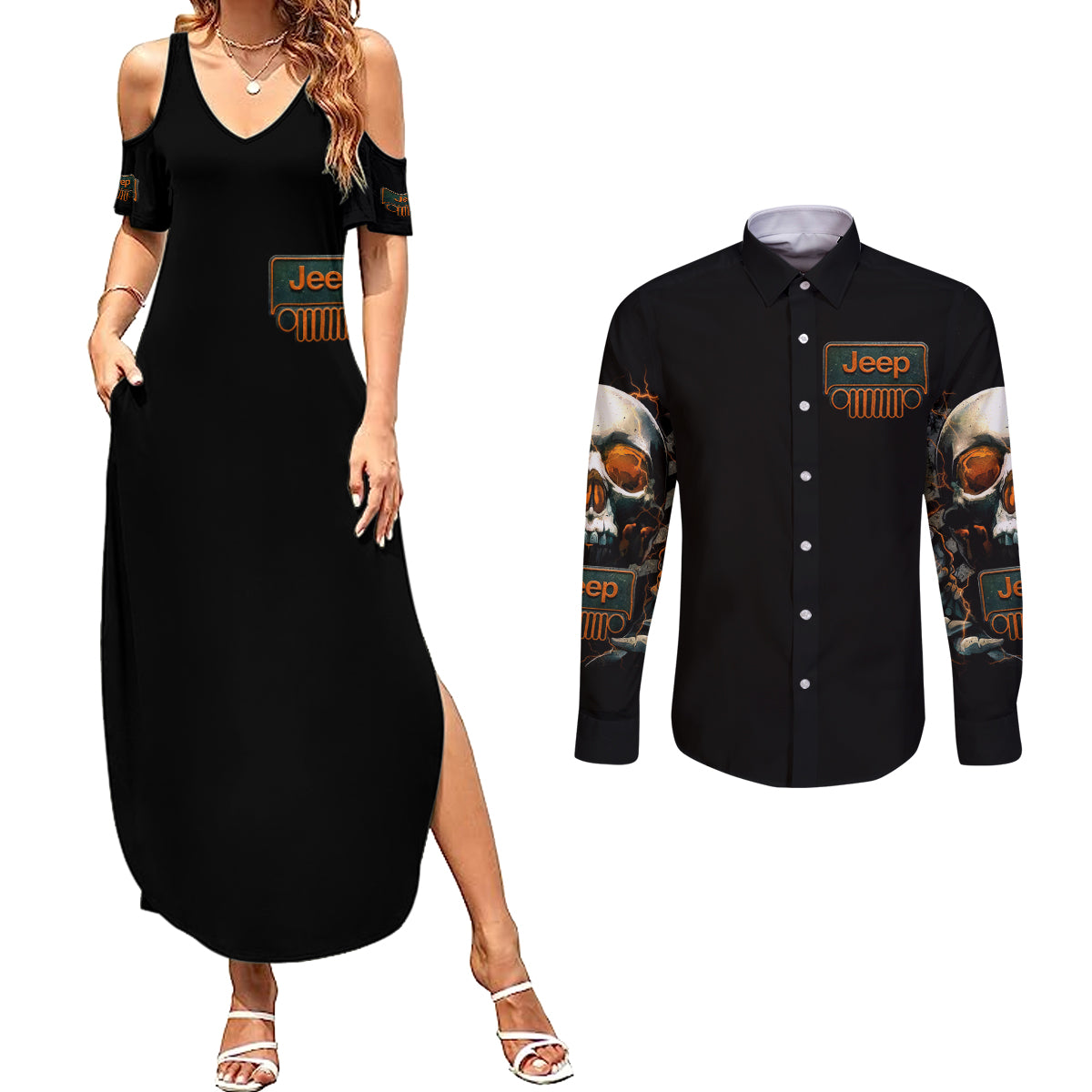 Skull Jeep Couples Matching Summer Maxi Dress and Long Sleeve Button Shirt Skull Flag Jeep Life
