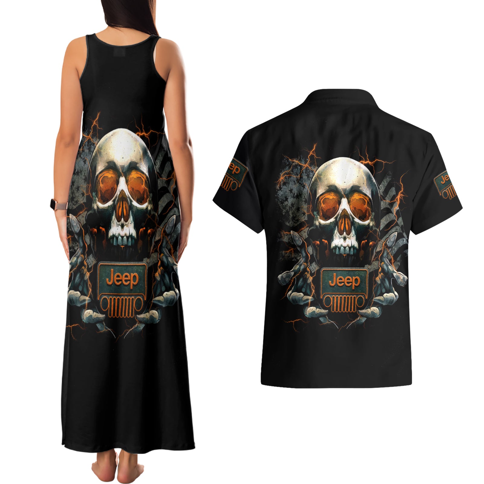Skull Jeep Couples Matching Tank Maxi Dress and Hawaiian Shirt Skull Flag Jeep Life