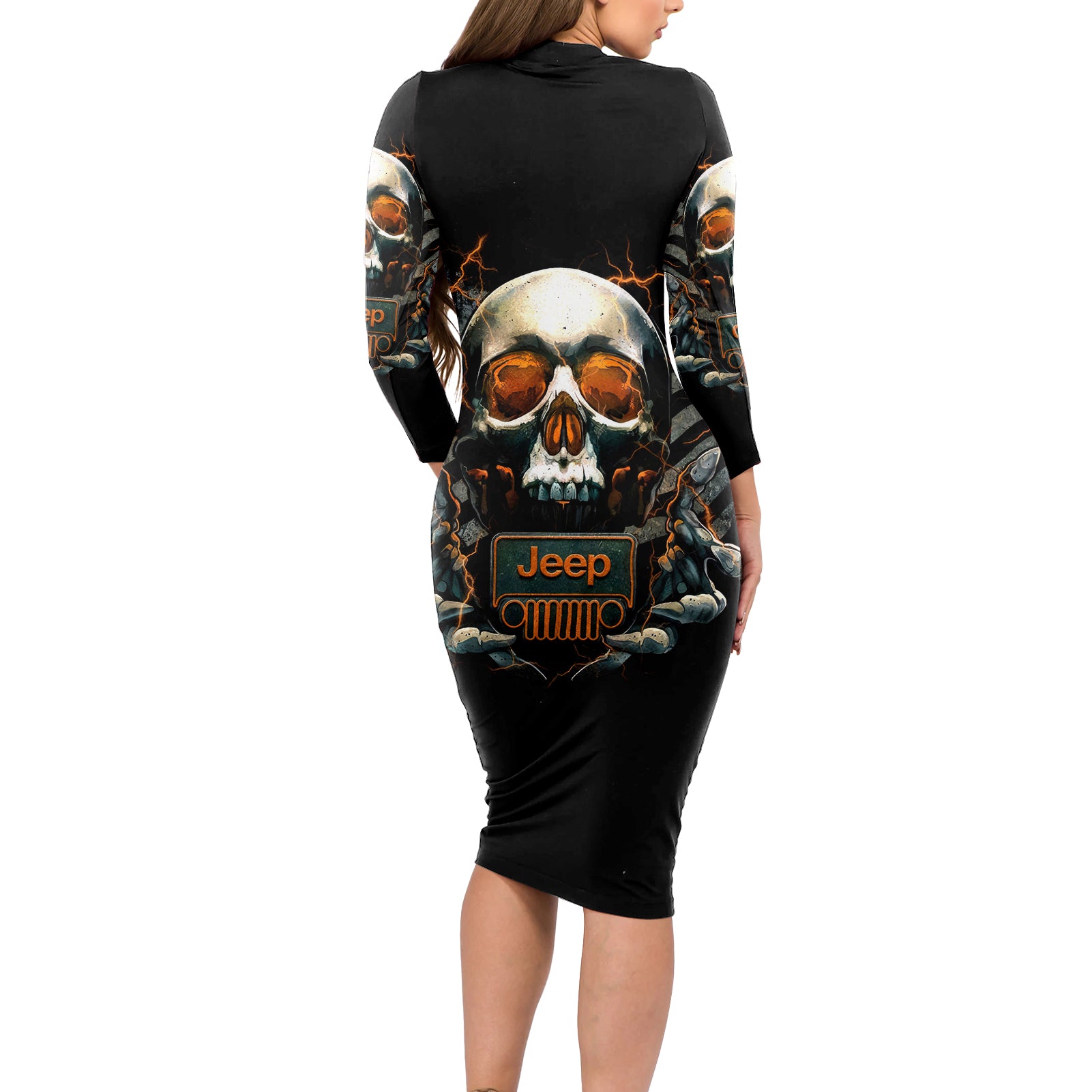 Skull Jeep Long Sleeve Bodycon Dress Skull Flag Jeep Life