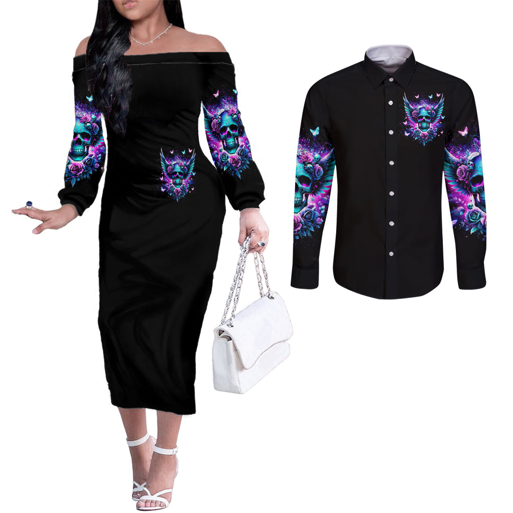 Skull Wings Couples Matching Off The Shoulder Long Sleeve Dress and Long Sleeve Button Shirt So The Bitch In Me Came Out To Play